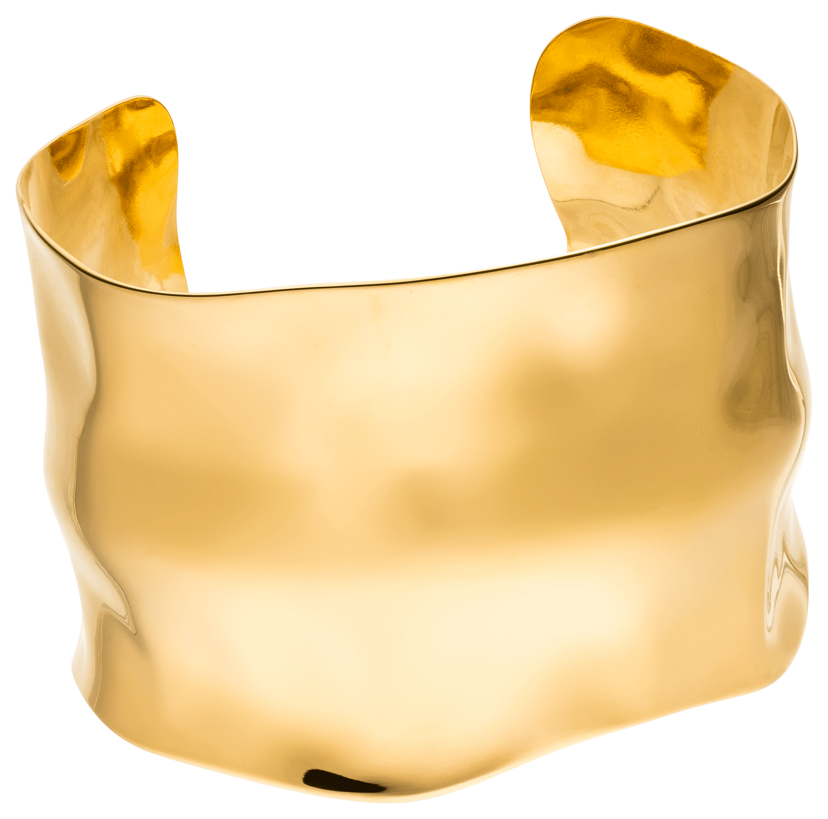 Die LeGer x Purelei - Modern Muse Armfessel von LeGer by Lena Gercke ist ein breites, glänzendes Goldarmband mit einer glatten, leicht gewellten Oberfläche und einem polierten Finish, das das Licht wunderschön reflektiert. Ein echtes Statement-Schmuckstück vor einem schlichten weißen Hintergrund.