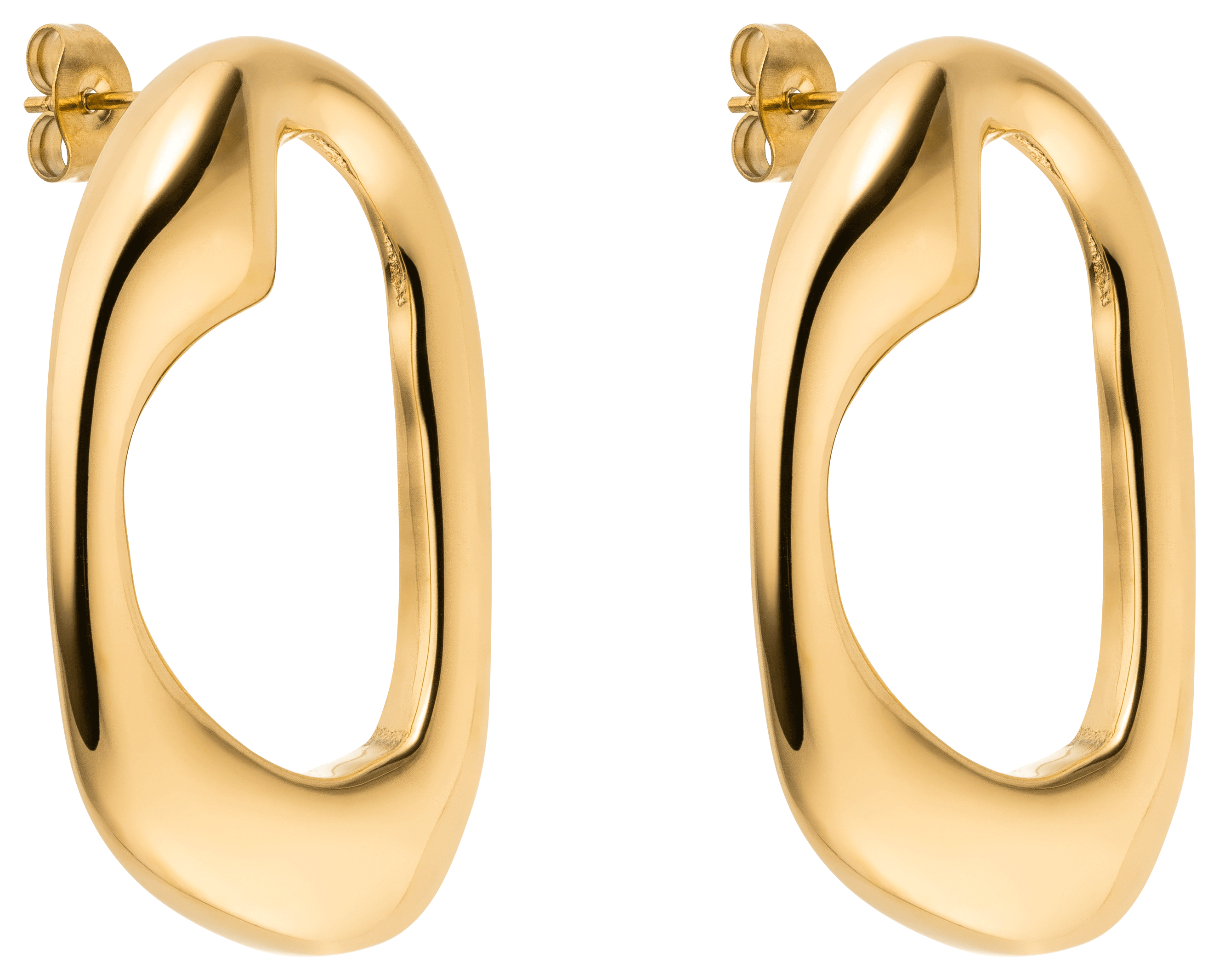 Ein Paar goldglänzende, abstrakt geformte LeGer x Purelei - Inner Force Ohrringe von LeGer by Lena Gercke mit sanften Rundungen und Pfostenrückseite, ausgestellt auf einem schlichten hellen Hintergrund.