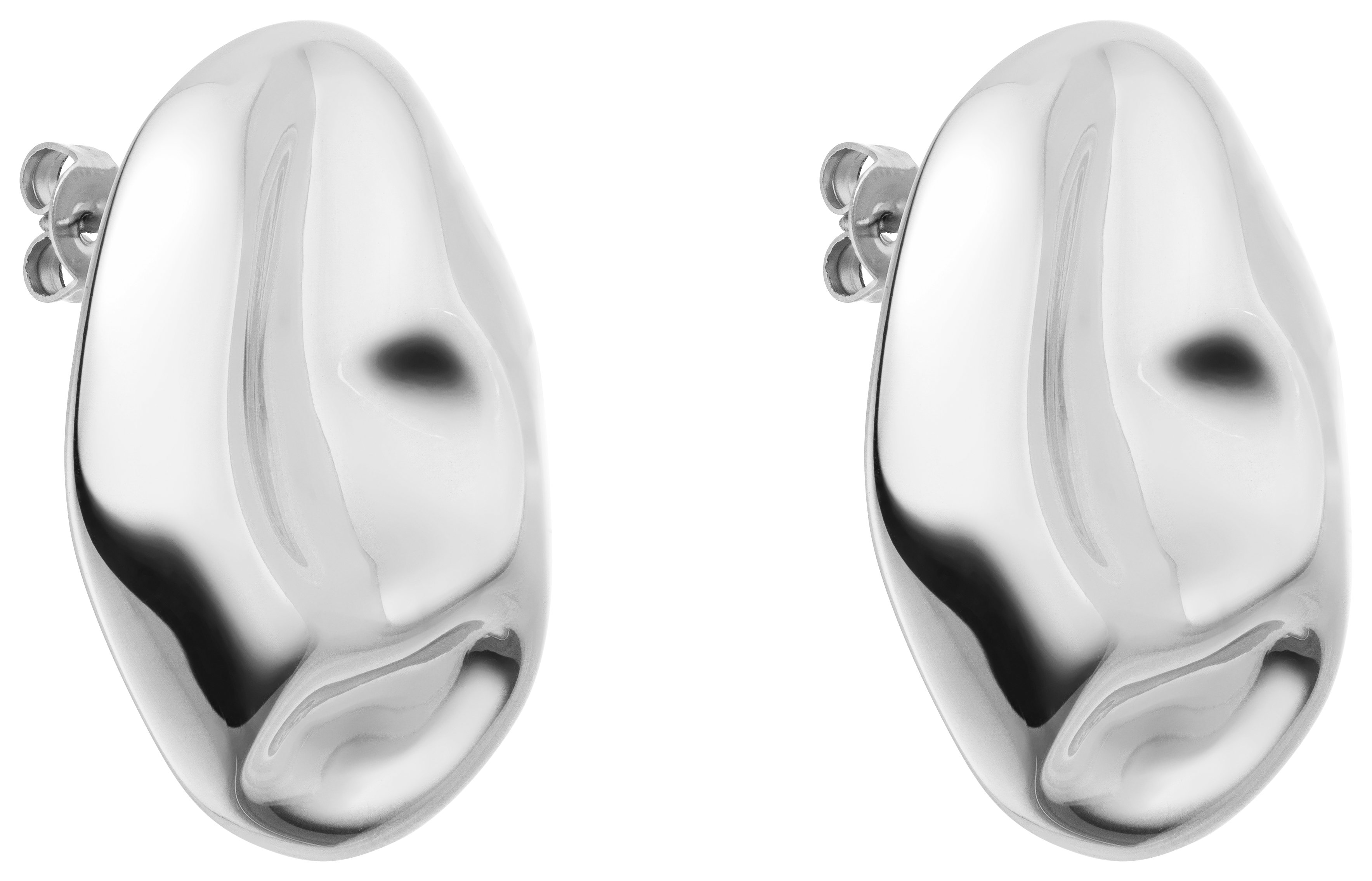 Ein Paar glänzende, ovale LeGer x Purelei - Modern Muse Ohrringe von LeGer by Lena Gercke mit einem abstrakten, glatten und leicht asymmetrischen Silberdesign auf weißem Hintergrund.