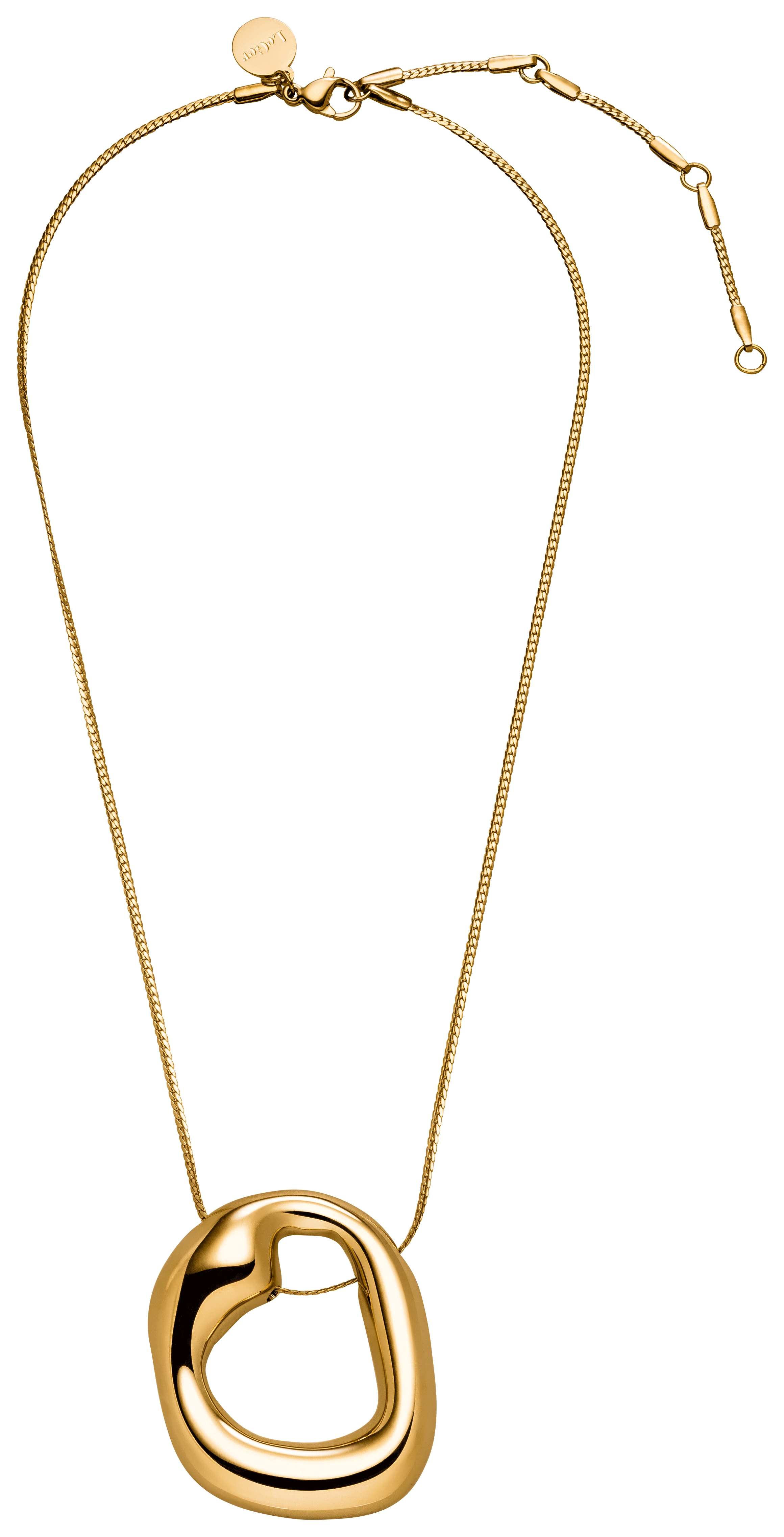 Die LeGer x Purelei - Fluid Forms Kette von LeGer by Lena Gercke besteht aus einem abstrakten goldenen Anhänger und einer verstellbaren Schließe, die aus Edelstahl gefertigt ist. Ausgestellt auf einem schlichten weißen Hintergrund.