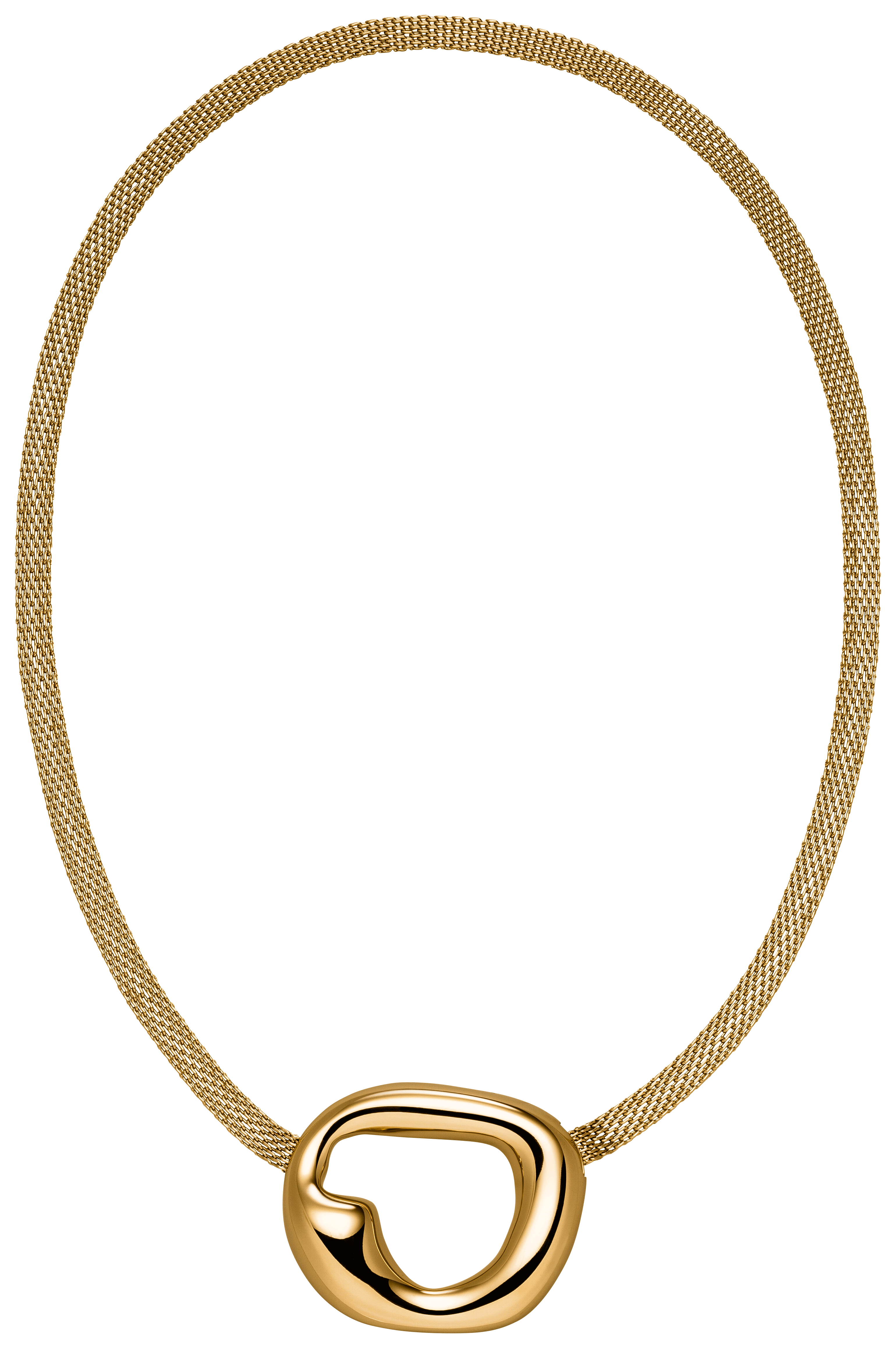 Die LeGer x Purelei - Inner Force Kette von LeGer by Lena Gercke besteht aus einer goldenen Netzkette mit einem glatten, abstrakten goldenen Anhänger, der vor einem schlichten weißen Hintergrund präsentiert wird.