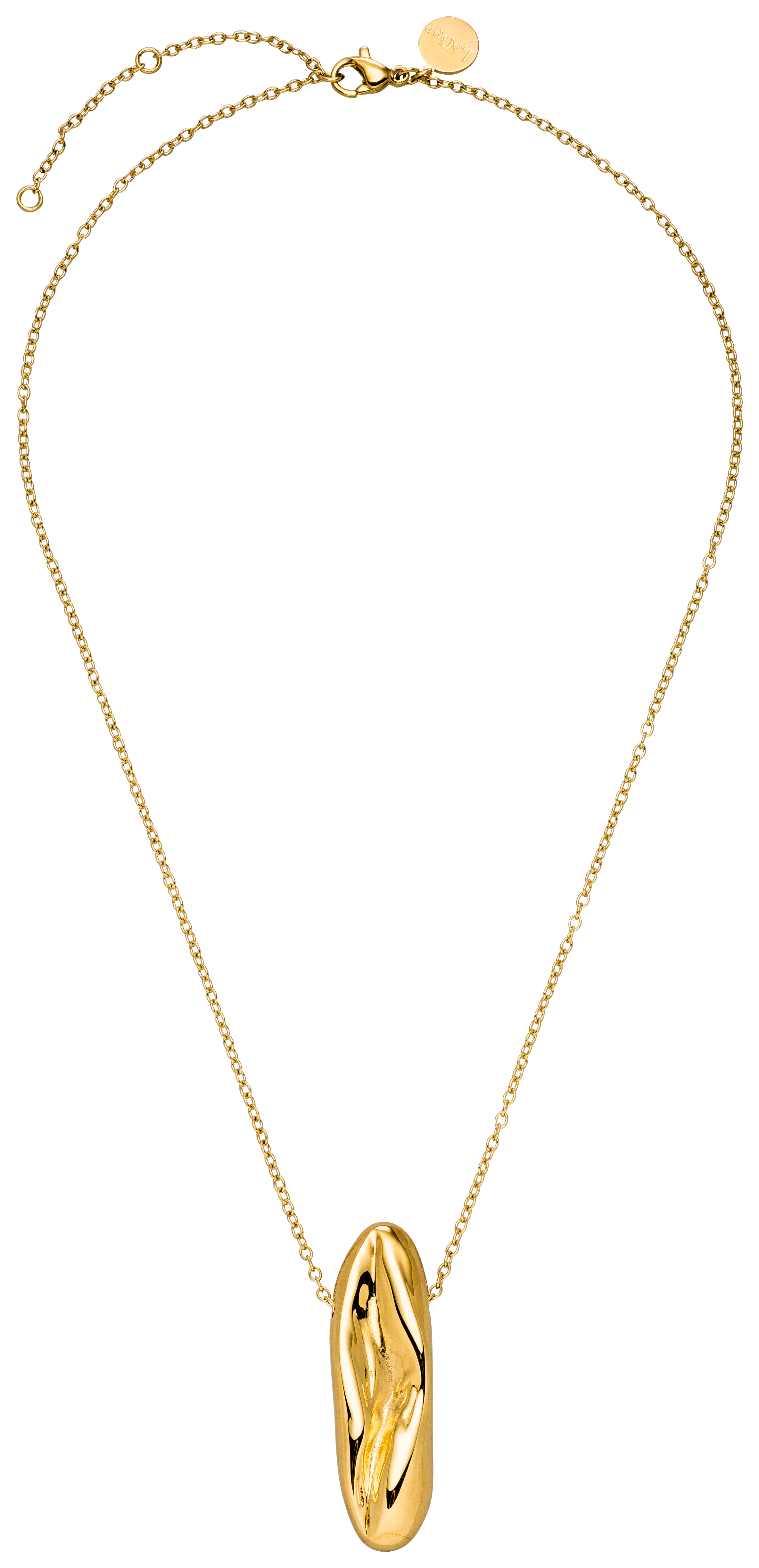 Die LeGer x Purelei - Modern Muse Kette von LeGer by Lena Gercke ist eine goldene Kette mit einem abstrakten, organisch geformten Anhänger, gefertigt aus Edelstahl mit einem verstellbaren Verschluss und einem kleinen runden Anhänger in der Nähe des Verschlusses.