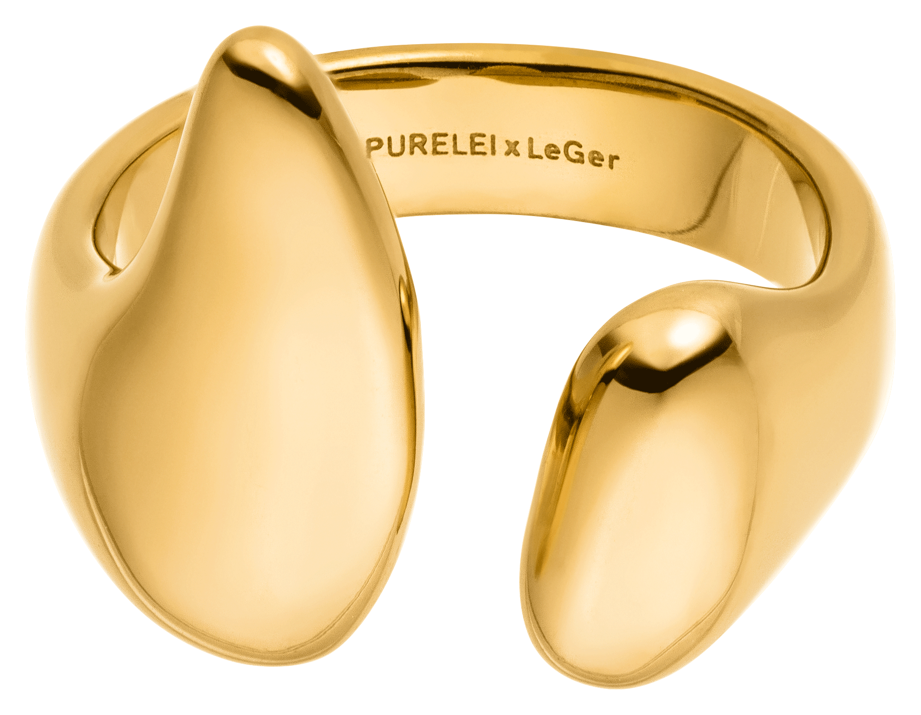 Der LeGer x Purelei - Freedom Ring von LeGer by Lena Gercke besteht aus einem goldglänzenden, offenen Band mit glatten, tropfenförmigen Enden und der Gravur "PURELEI × LeGer" im Inneren, gefertigt aus hochwertigem Edelstahl.