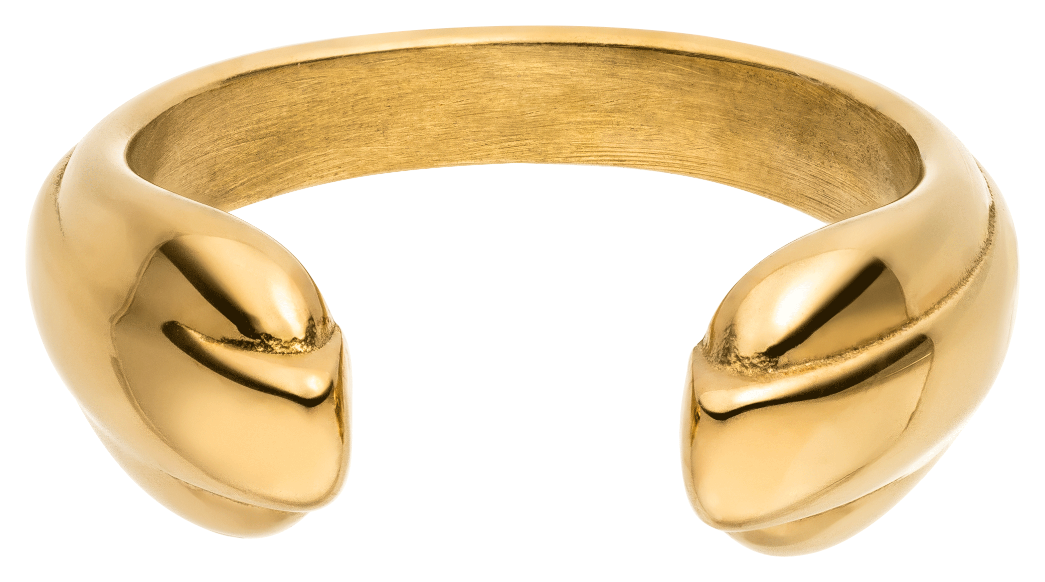 Der LeGer x Purelei - Open Mind Ring von LeGer by Lena Gercke zeichnet sich durch eine offene Vorderseite mit zwei geformten, symmetrischen Enden und einer polierten Oberfläche aus, die einen modernen, abstrakten Look erzeugt.