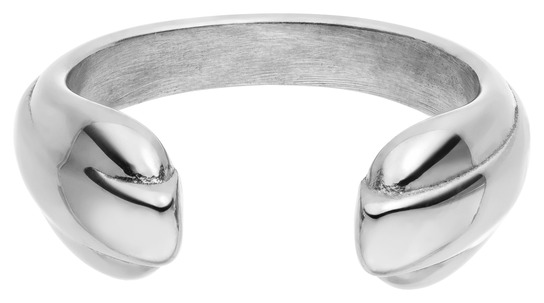 Ein poliertes Silberarmband mit offener Vorderseite und glatten, abgerundeten Enden, das den minimalistischen Stil des LeGer x Purelei - Open Mind Ring by LeGer by Lena Gercke widerspiegelt.