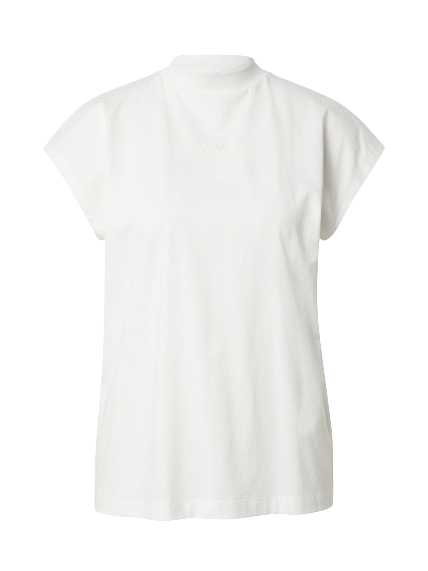 Dies ist das Shirt 'Irina' von LeGer by Lena Gercke, mit einem schlichten weißen Design mit hohem Halsausschnitt und kurzen, leicht angeschnittenen Ärmeln. Es ist aus weichem, bequemem Stoff gefertigt und hat einen dezenten Text, der über die Brust gestickt ist. Der Hintergrund der Anzeige ist ebenfalls weiß und zeigt das Shirt von vorne. Genauere Informationen zur Passform (Passform) finden Sie auf dem Etikett.