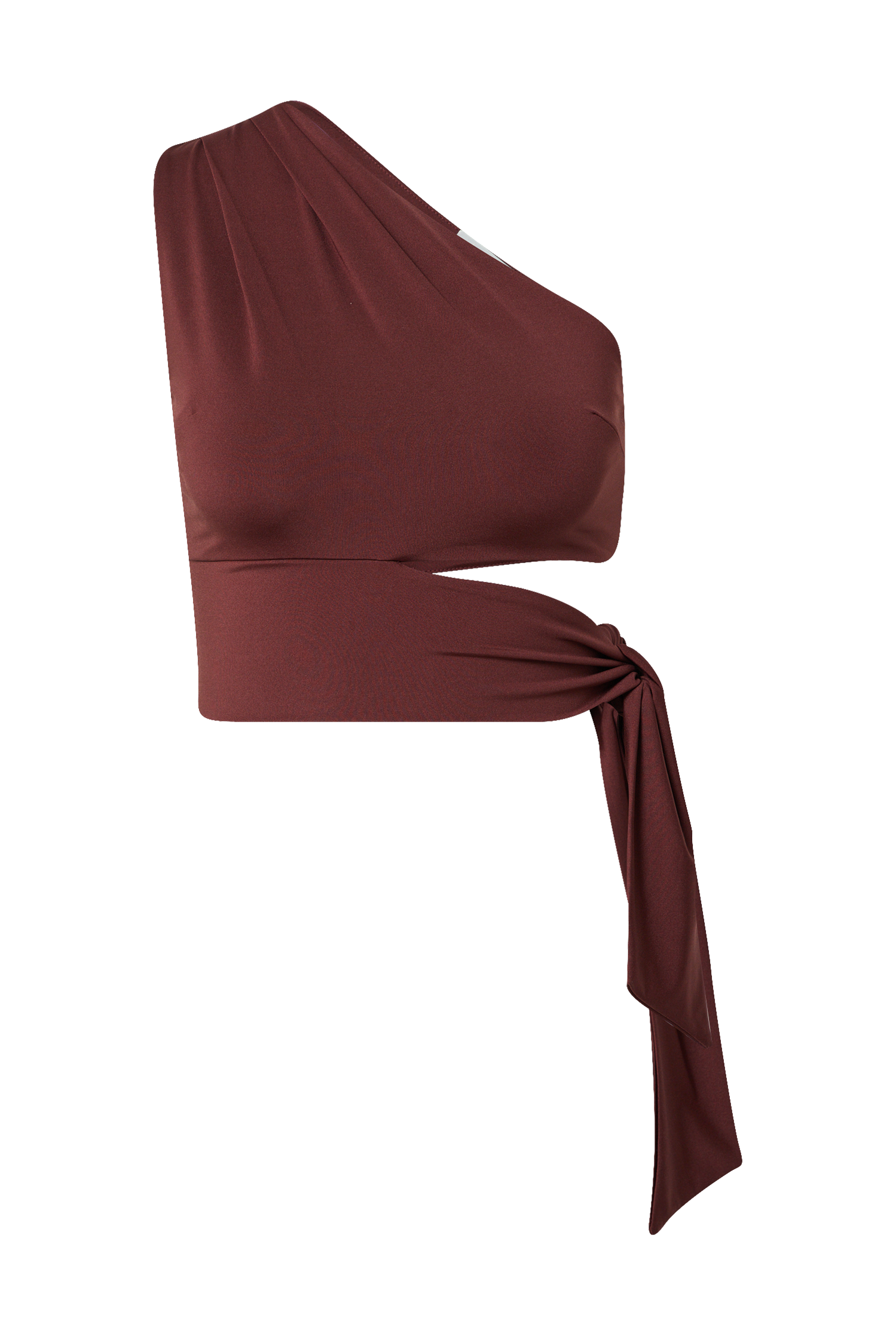 Das Leia Top von LeGer by Lena Gercke ist ein kastanienbraunes, einschultriges, kurzes Oberteil mit drapiertem Vorderdesign und einer langen, gebundenen Schärpe an der Seite. Es ist aus glattem, leicht dehnbarem Stoff gefertigt und sorgt für eine schlanke Silhouette.