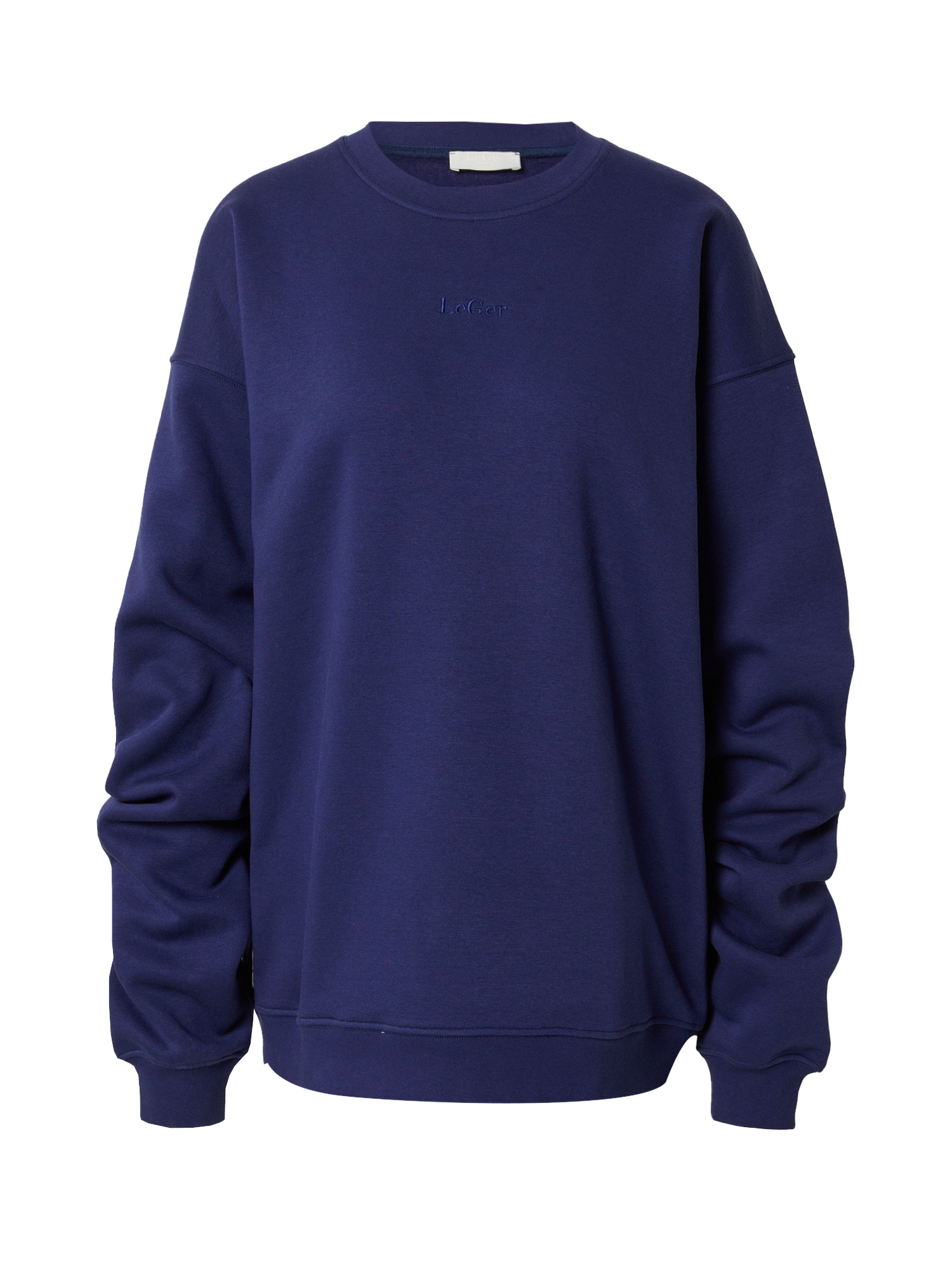 Das Sweatshirt „Indra“ von LeGer by Lena Gercke in Dunkelblau hat ein minimalistisches Design mit langen Ärmeln und gerippten Bündchen, Halsausschnitt und Saum. Dieses Langarm-Sweatshirt mit Rundhalsausschnitt hat einen dezenten gestickten Text in der Mitte der Brust und bietet mit seiner normalen Länge Passform eine bequeme Passform.