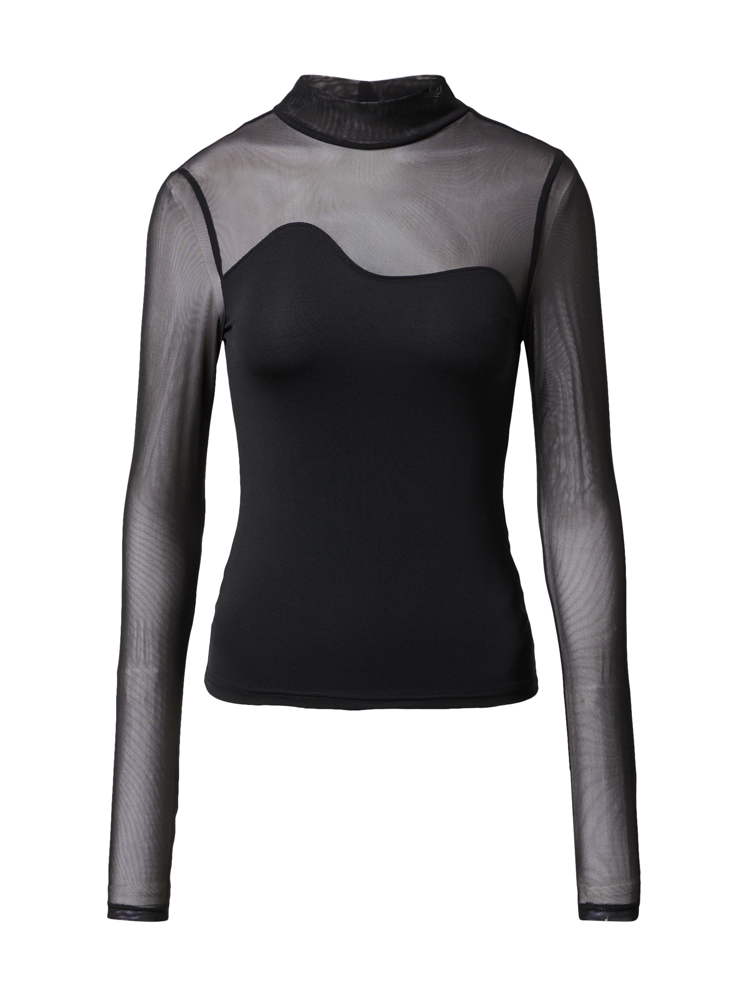 Das „Auguste“-Shirt von LeGer by Lena Gercke ist ein schwarzes langärmliges Netzoberteil mit asymmetrischem Ausschnitt. Der Körper ist blickdicht, während die Ärmel und der obere Halsausschnitt transparent sind und eine einzigartige Passform bieten, die jede Garderobe ergänzt.