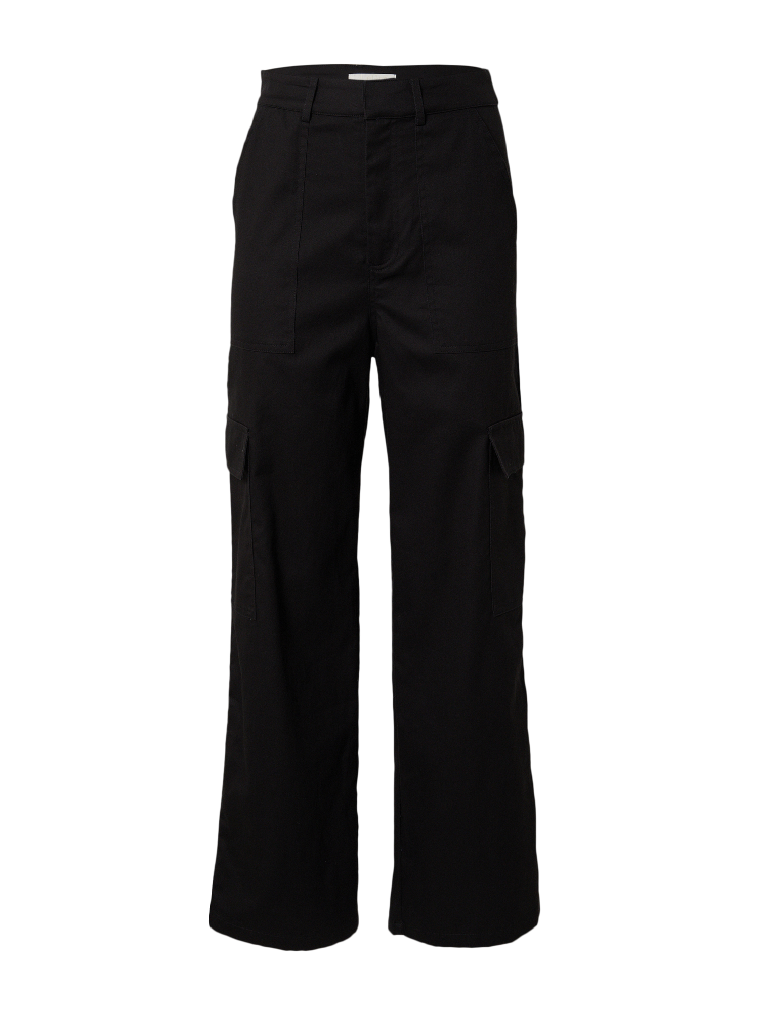 Die Beysa Hose von LeGer by Lena Gercke ist eine schwarze Cargohose in Lang/Maxi-Länge mit geradem Beinschnitt, seitlichen Pattentaschen am Oberschenkel, Reißverschluss und Knopfverschluss vorne sowie Gürtelschlaufen. Produktinformationen auf weißem Hintergrund.