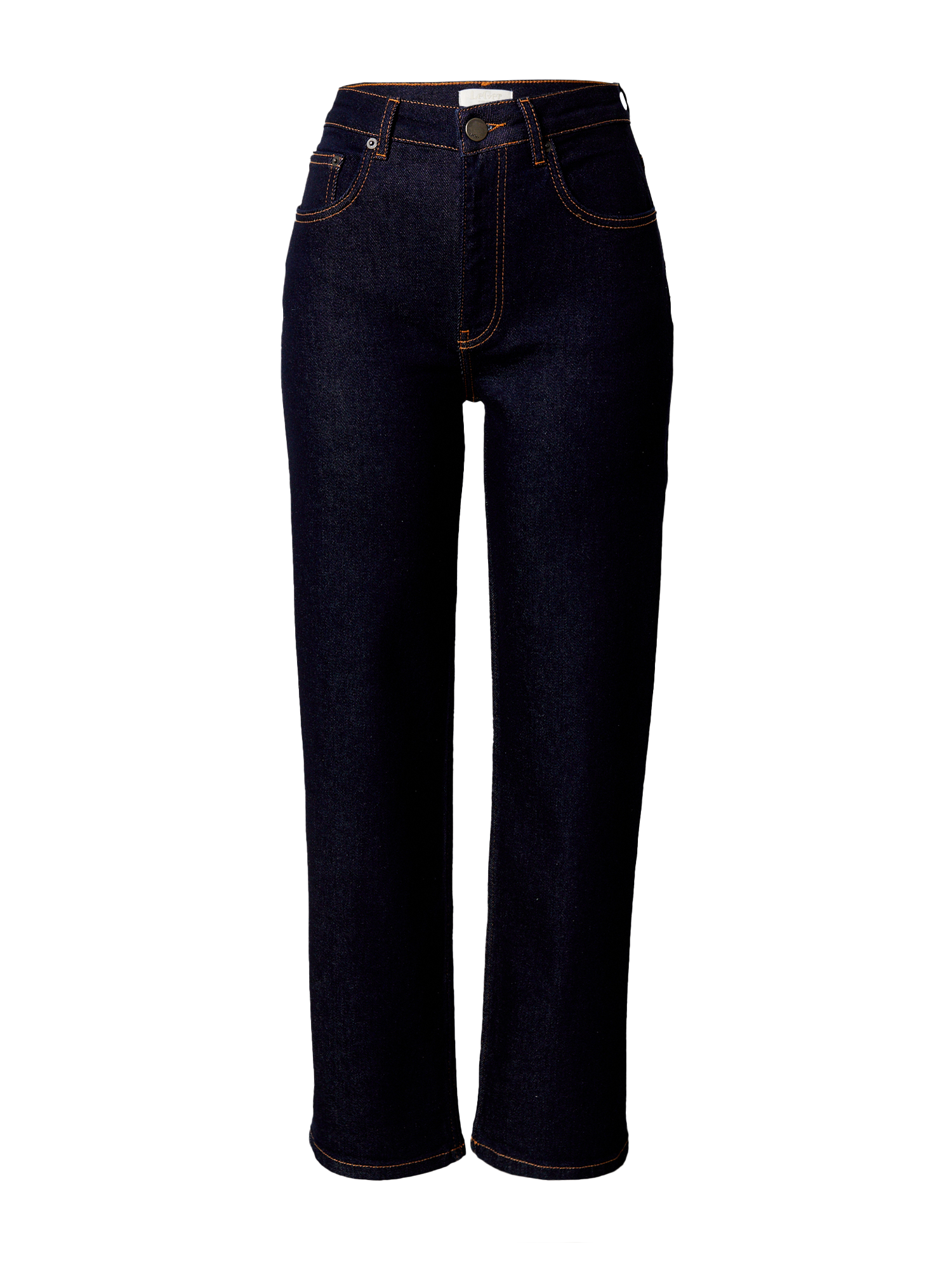 Eine Jeans „Jillian“ von LeGer by Lena Gercke, dunkelblauer Denim mit geradem Bein, präsentiert auf einer weißen Schaufensterpuppe. Diese Jeans hat Vorder- und Gesäßtaschen, einen Knopf- und Reißverschluss, sichtbare hellbraune Nähte entlang der Nähte und bietet eine tadellose Passform.