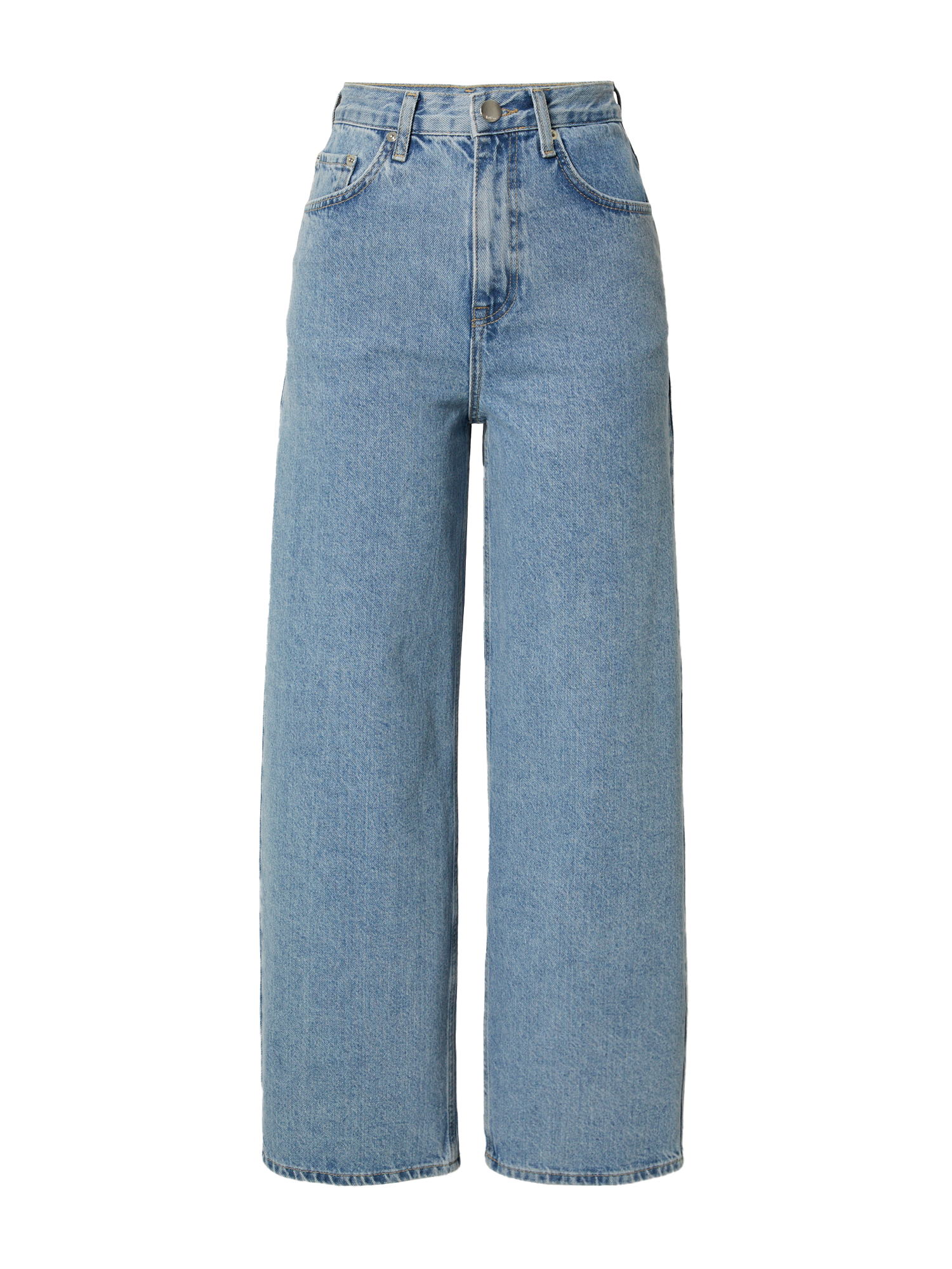 Die Cleo Pants von LeGer by Lena Gercke ist eine hellblaue Jeans mit weitem Bein und hoher Taille, die mit einem Knopf-Reißverschluss und Taschen auf der Vorder- und Rückseite geschlossen werden kann.