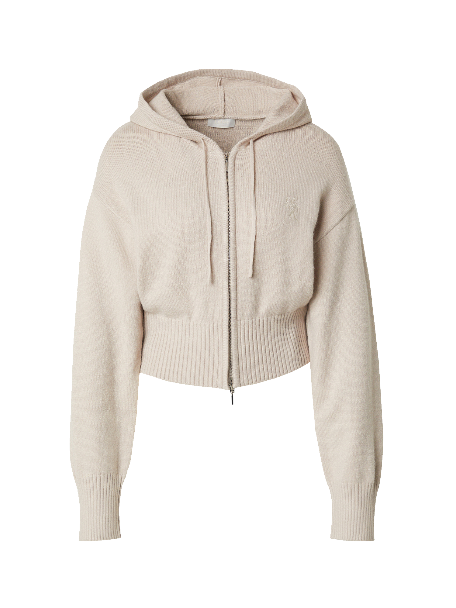Der Cornelia Cardigan von LeGer by Lena Gercke ist ein beigefarbener, kurz geschnittener Kapuzenpullover mit langen Ärmeln, Frontreißverschluss, Rippbündchen an Ärmeln und Saum und einem kleinen Logo auf der Brust. Erhältlich in Größe 36 für eine perfekte Passform.