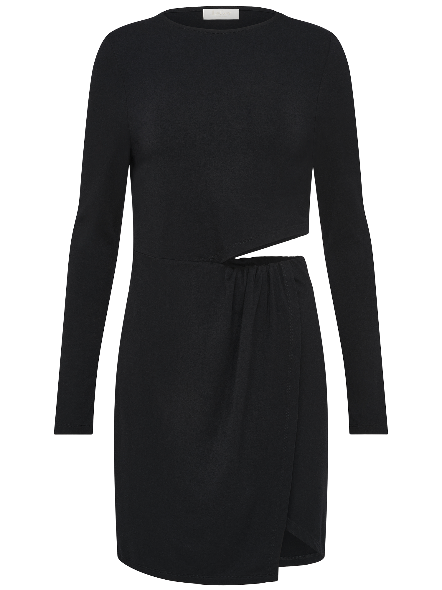 Das Kleid „Farina“ von LeGer by Lena Gercke ist ein schwarzes Minikleid mit einem asymmetrischen Ausschnitt an der Taille und einem drapierten, gerafften Rock, der durch den schick überlappenden Saum einen modernen Look erzeugt.