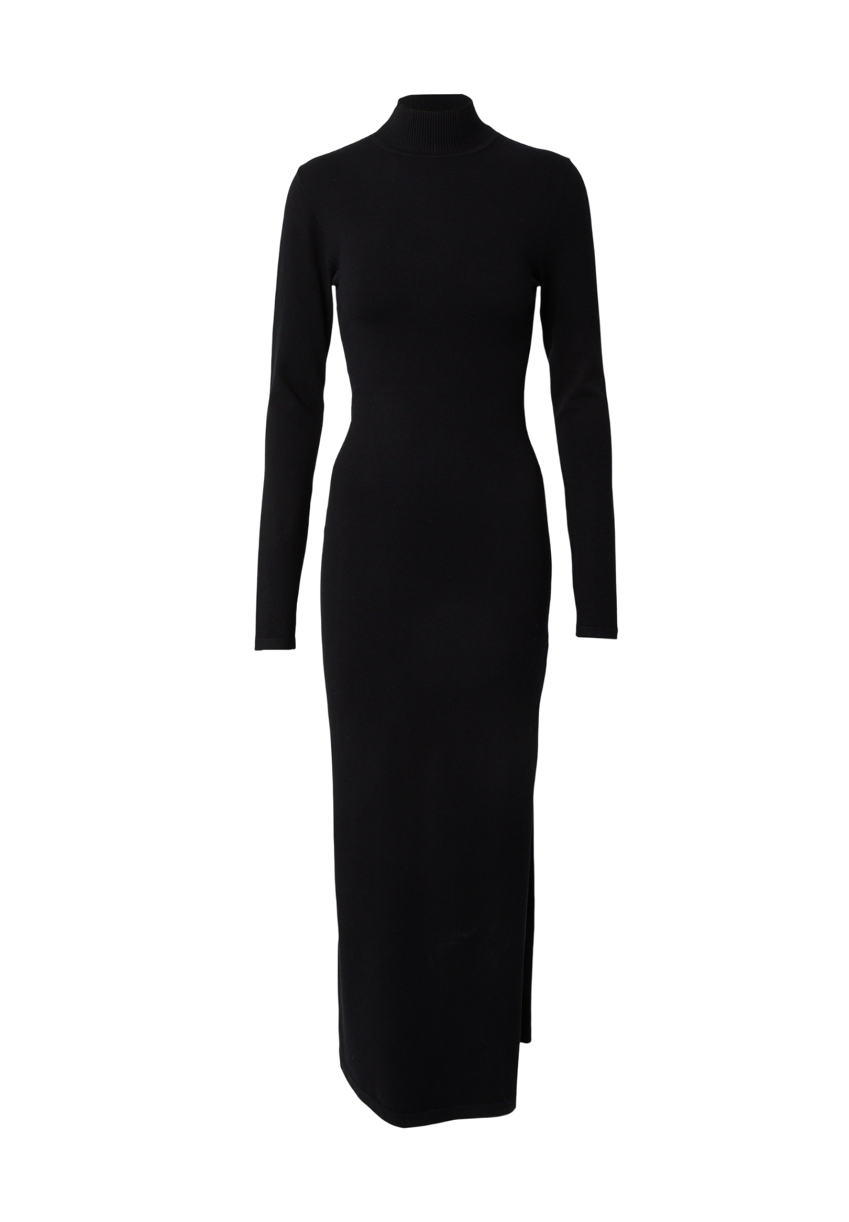 Schwarz, langärmeliges, knöchellanges „Imen“-Körperbetontes Kleid von LeGer by Lena Gercke, inspiriert von der Eleganz eines Lena-Gercke-Kleides, mit hohem Ausschnitt und einem dezenten Seitenschlitz, präsentiert vor einem schlichten weißen Hintergrund.