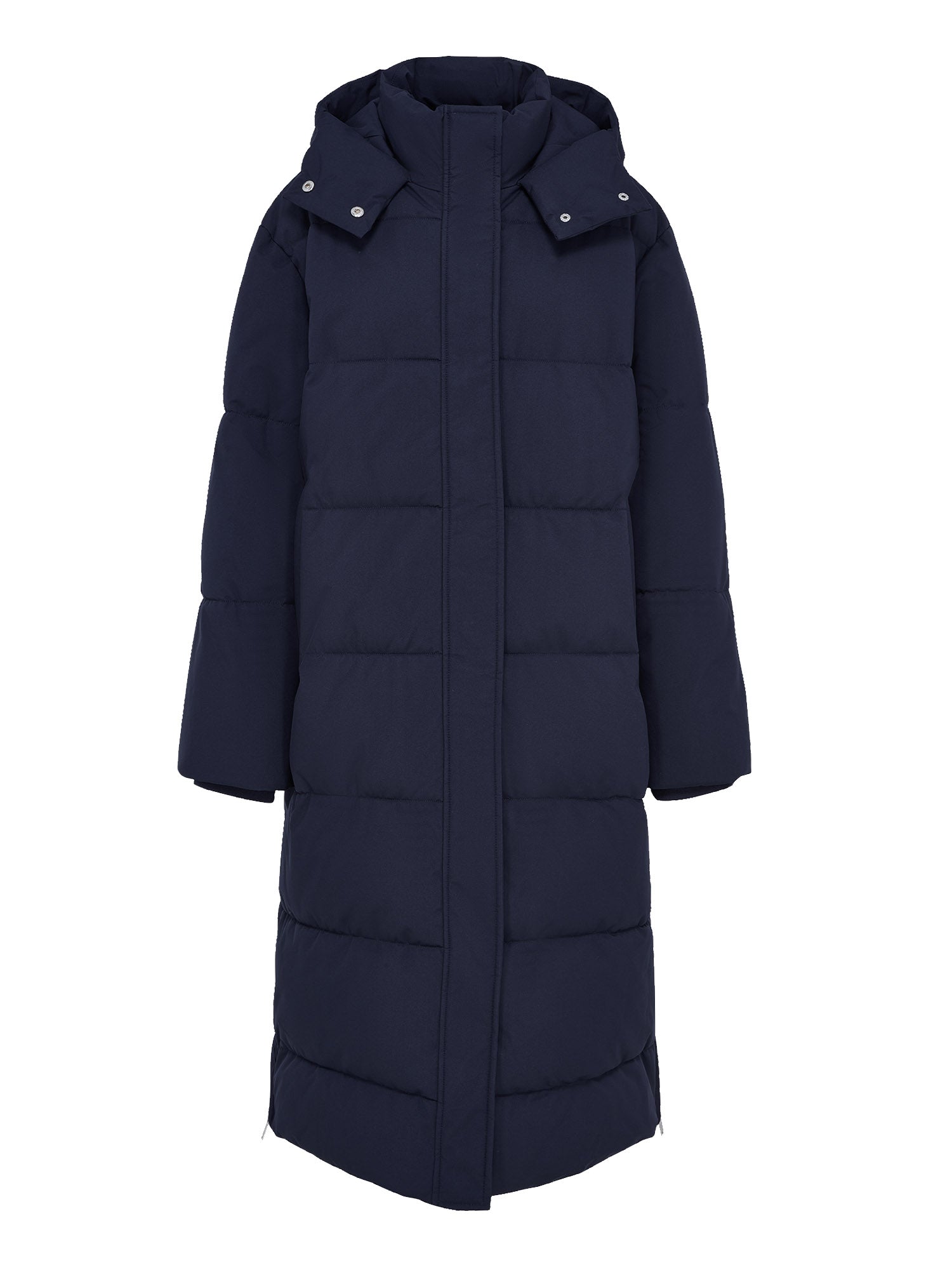 Der Bessy Coat von LeGer by Lena Gercke ist ein langer, marineblauer Puffmantel mit Langarm, Kapuze, Frontreißverschluss und Druckknöpfen. Er hat ein gestepptes Design und reicht bis unter die Knie für volle Abdeckung und Wärme mit einer bequemen Passform.