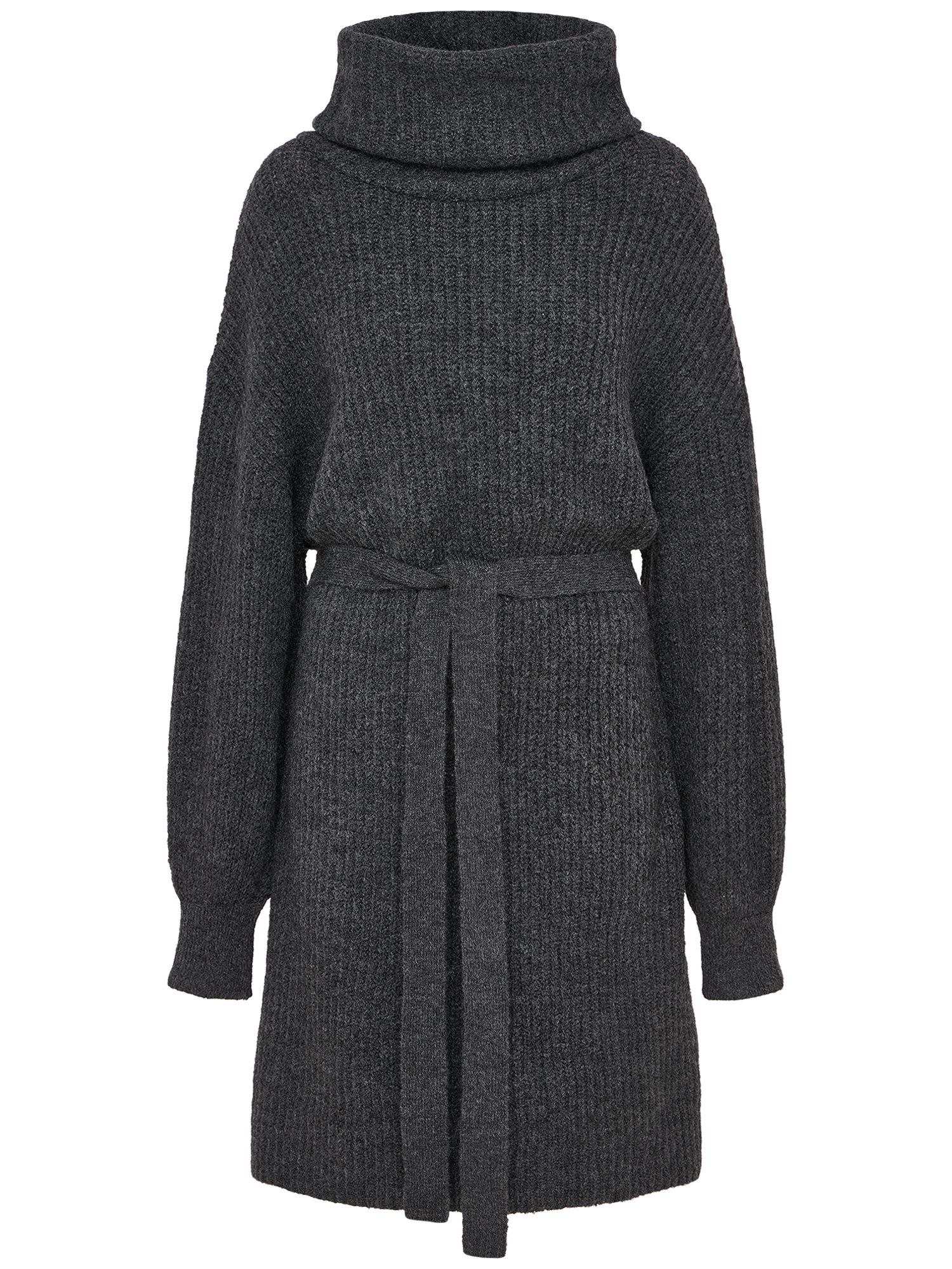 Das Kleid „Colleen“ von LeGer by Lena Gercke ist ein dunkelgraues, knielanges, langärmeliges Strickkleid aus Rippstrick mit hohem Rollkragen und passendem Bindegürtel in normaler Passform, abgebildet vor einem schlichten weißen Hintergrund.