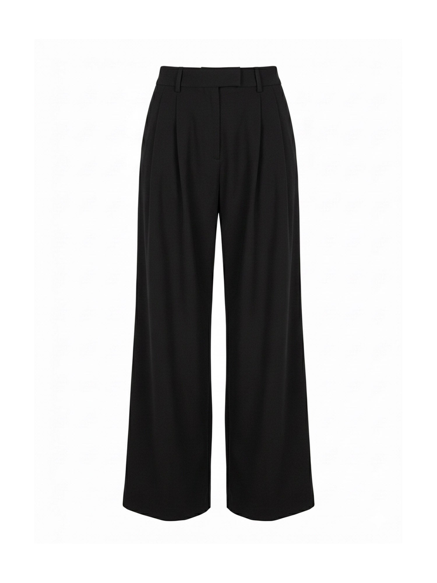 Die Annelie Pants Tall von LeGer by Lena Gercke ist eine schwarze Hose mit hoher Taille, weitem Bein, Gürtelschlaufen, Bügelfalten und taillierter Passform - ideal zu Ihrem Lieblings-Damenkleid - auf einem schlichten weißen Hintergrund.