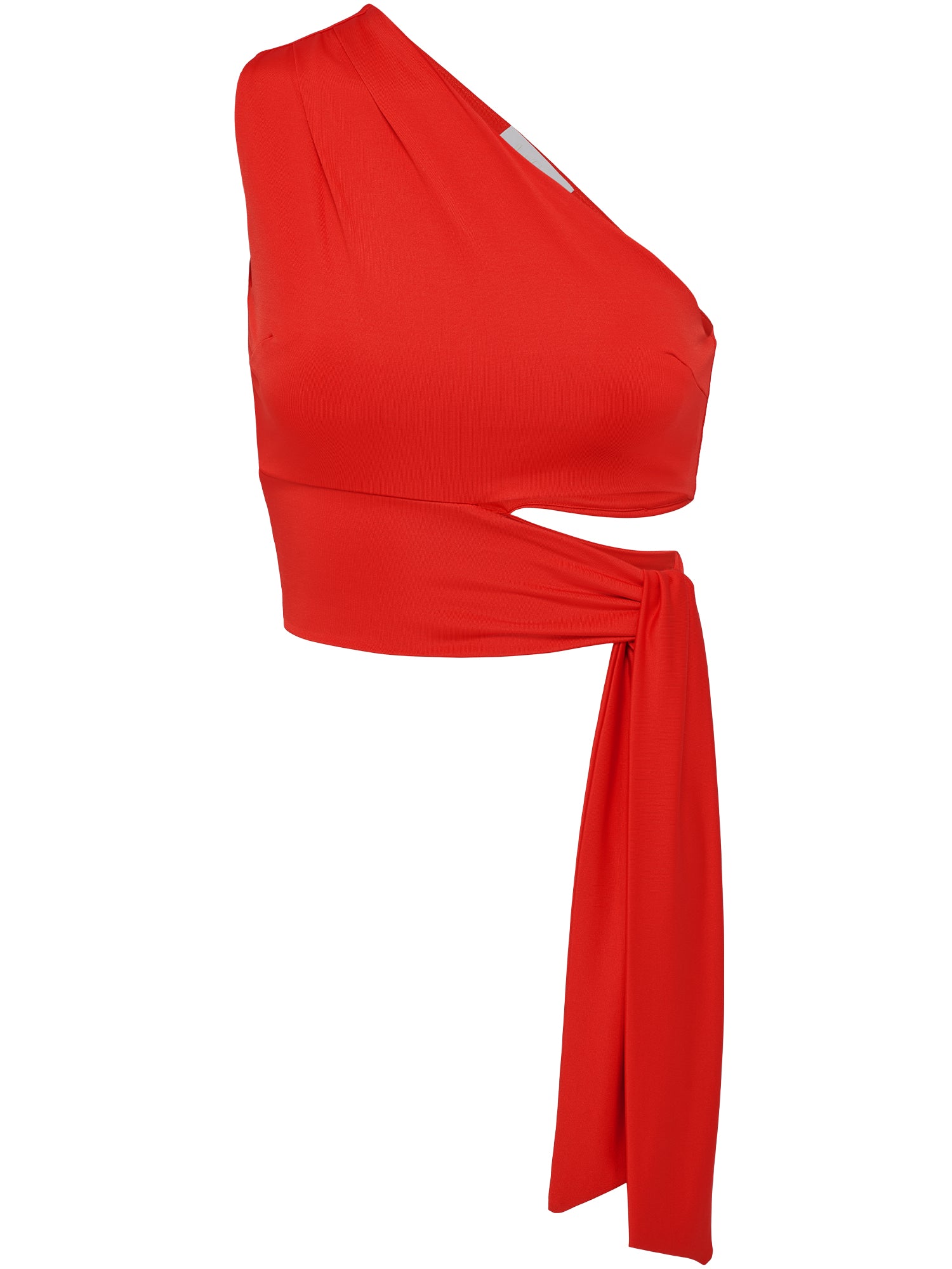 Das Leia Top von LeGer by Lena Gercke ist ein ärmelloses One-Shoulder Crop Top in leuchtendem Rot mit asymmetrischem Ausschnitt, schmaler Passform und glattem Material sowie drapiertem Taillenband auf der rechten Seite.