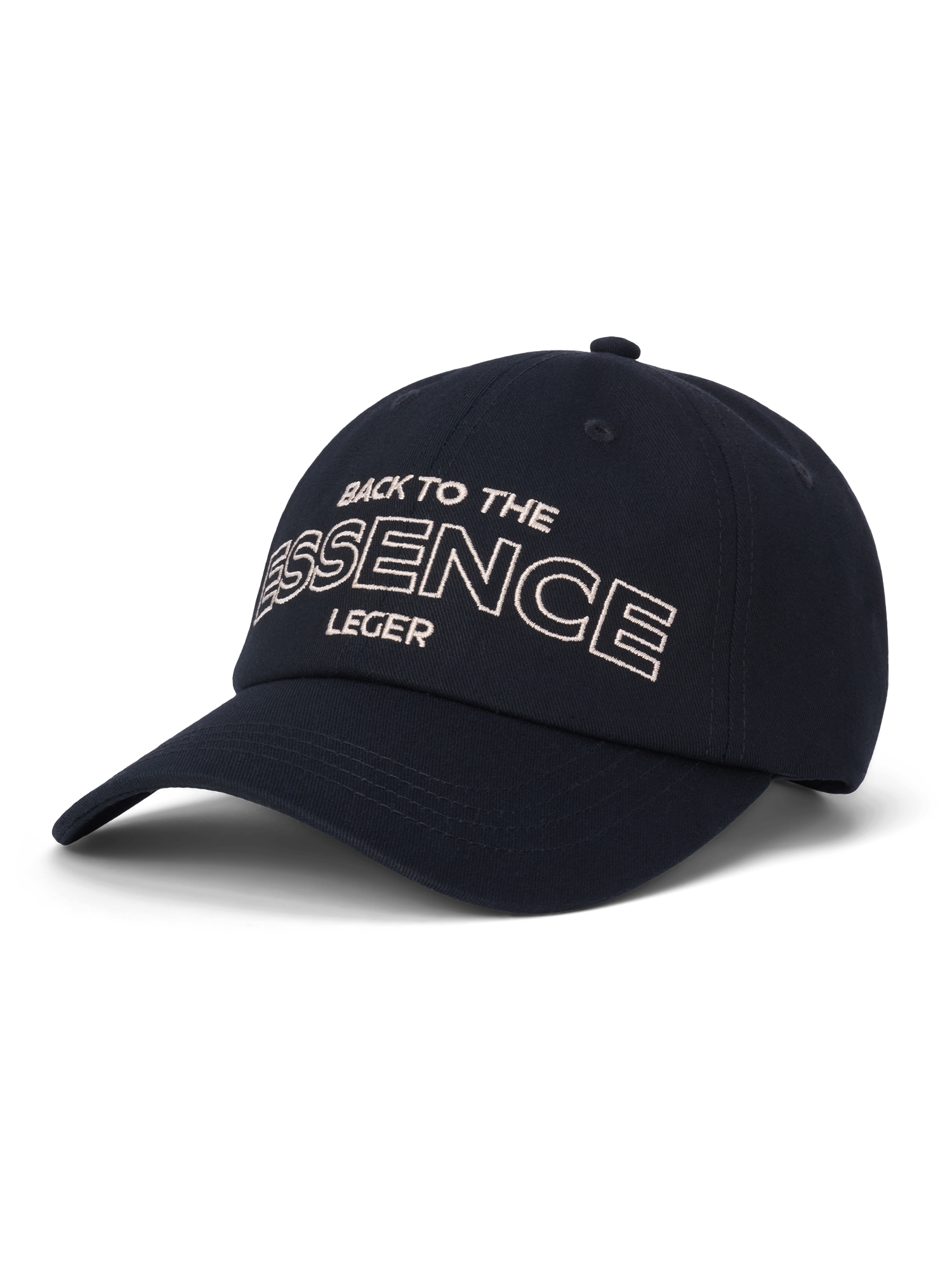 Die „Iris“-Kappe von LeGer by Lena Gercke ist eine marineblaue Baseballkappe mit der weißen Stickerei „BACK TO THE ESSENCE LEGER“ auf der Vorderseite. Informationen zu Passform und Material finden Sie in der Produktbeschreibung.