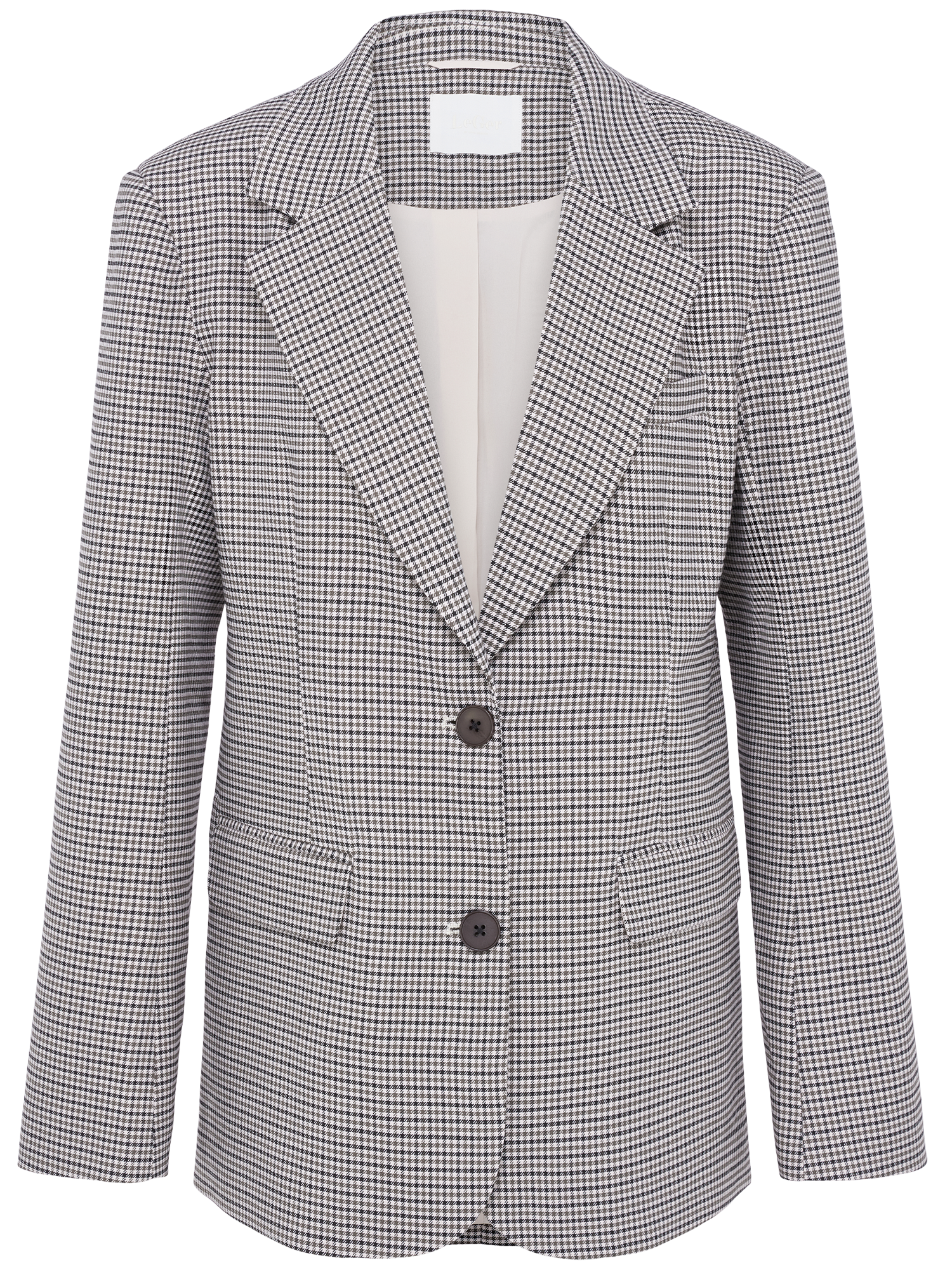Der Shayenne Blazer von LeGer by Lena Gercke ist ein taillierter, langärmeliger Blazer in Größe 36 mit schwarz-weißem, kleinem Karomuster, Revers, zwei Knöpfen vorne und Taschen. Klassische Passform und normale Länge. Abgebildet auf weißem Grund.