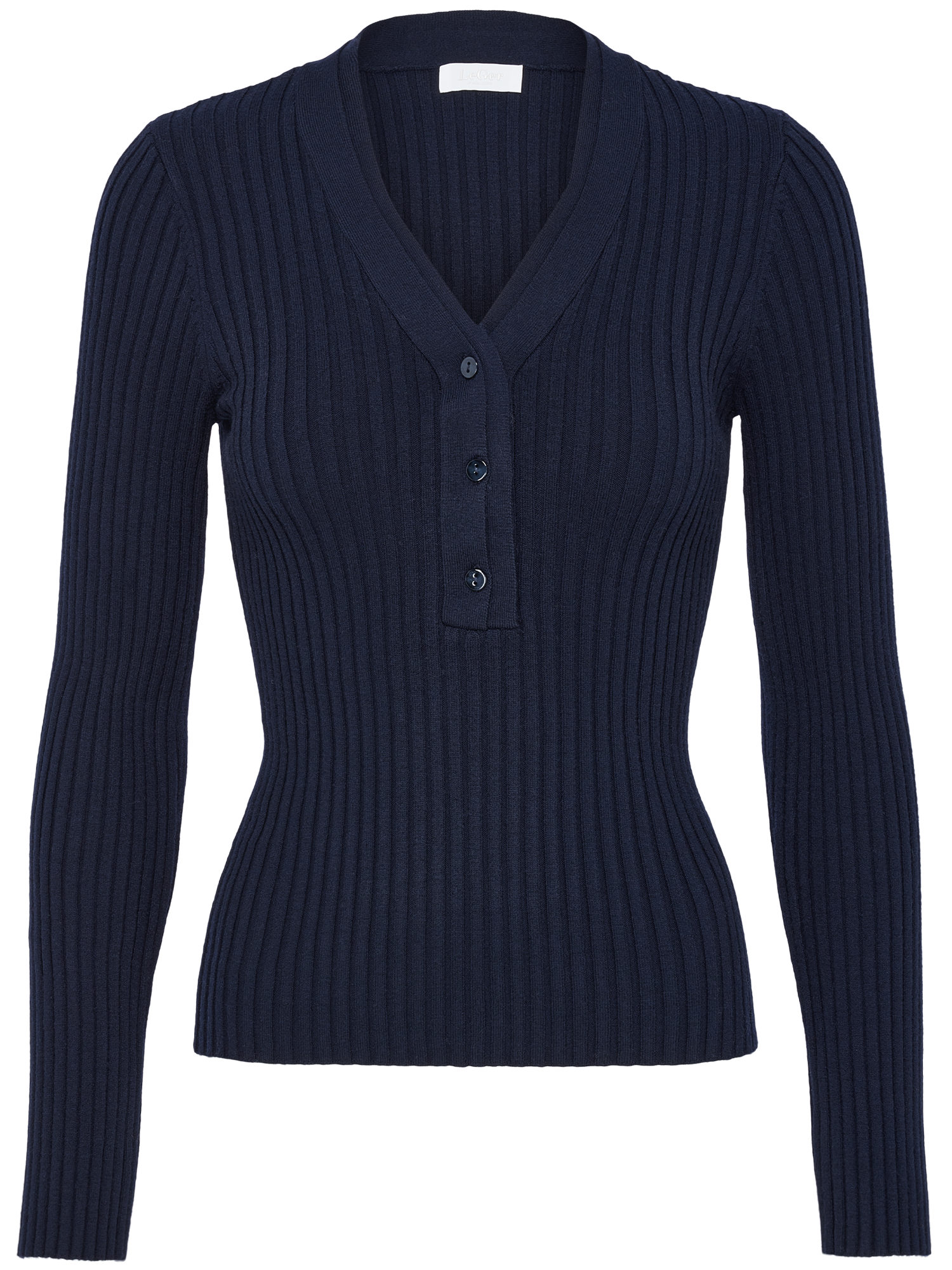 Der Nannette Longsleeve von LeGer by Lena Gercke ist ein marineblauer, gerippter Strickpullover mit langen Ärmeln, einem V-Ausschnitt mit drei Knöpfen, Slim Fit und einer regulären Länge.