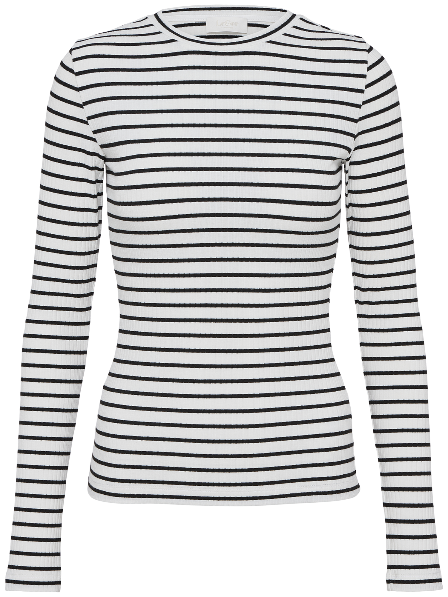 Das "Cinzia Longsleeve" von LeGer by Lena Gercke ist ein schmal geschnittenes Damenshirt mit langen Ärmeln, schwarzen Streifen auf Weiß, normaler Länge, Rundhalsausschnitt und gerippter Textur.