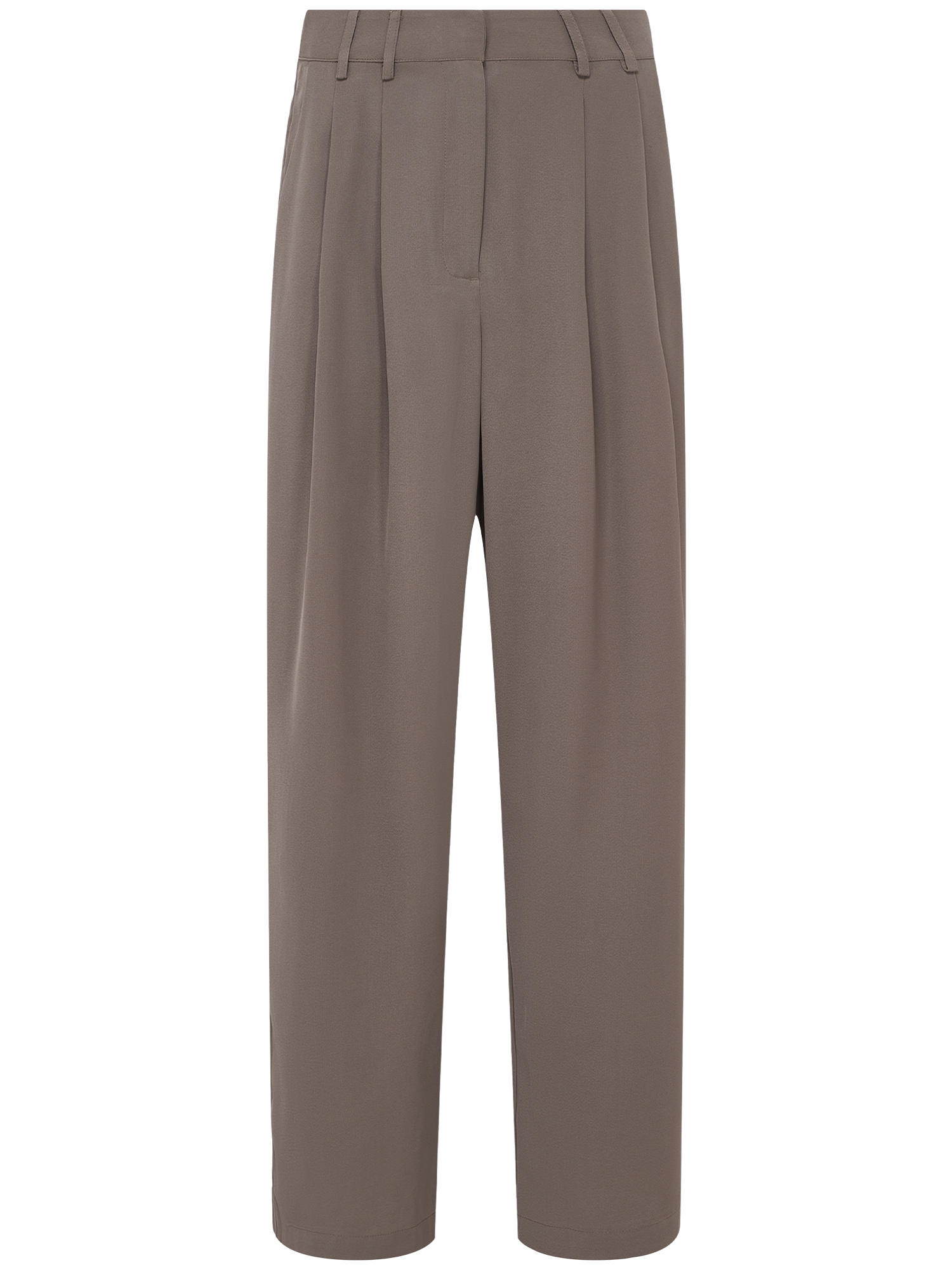 LeGer x Purelei - Cara Pants by LeGer by Lena Gercke: Hochtaillierte, taupefarbene Hose mit weitem Bein, Bundfalten vorne, Gürtelschlaufen und verdecktem Verschluss in Größe 36. Abgebildet an einem 1,72m großen Model vor weißem Hintergrund.