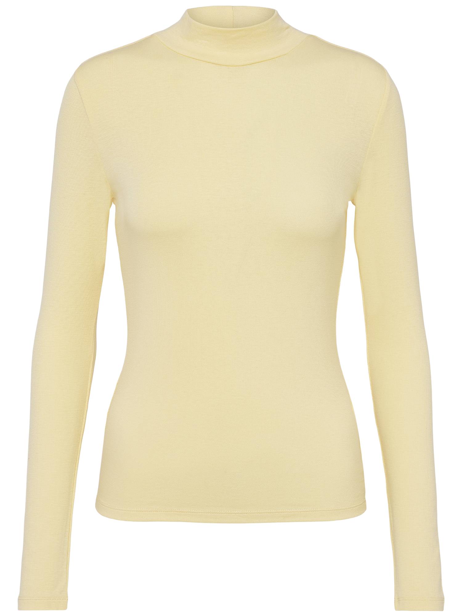 Das LeGer x Purelei - Deike Longsleeve von LeGer by Lena Gercke ist ein unifarbenes, hellgelbes, schmal geschnittenes Rollkragen-Top in Größe 36 mit langen Ärmeln und einer taillierten Silhouette, abgebildet auf weißem Grund.