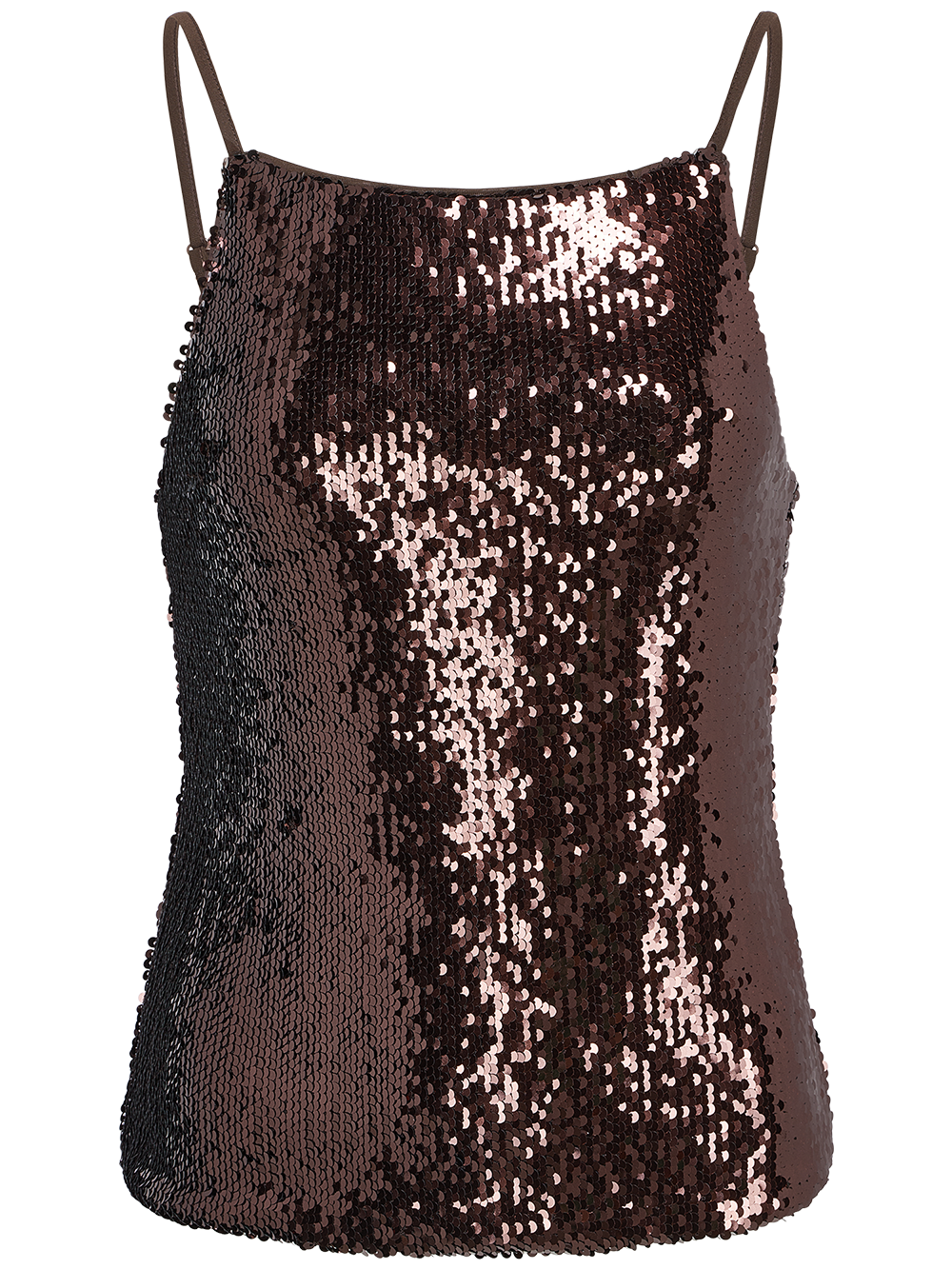 Das „Inska“-Top von LeGer by Lena Gercke ist ein eng anliegendes, ärmelloses Top mit glänzenden dunkelbraunen Pailletten und dünnen Spaghettiträgern, das hier vor einem weißen Hintergrund zu sehen ist.