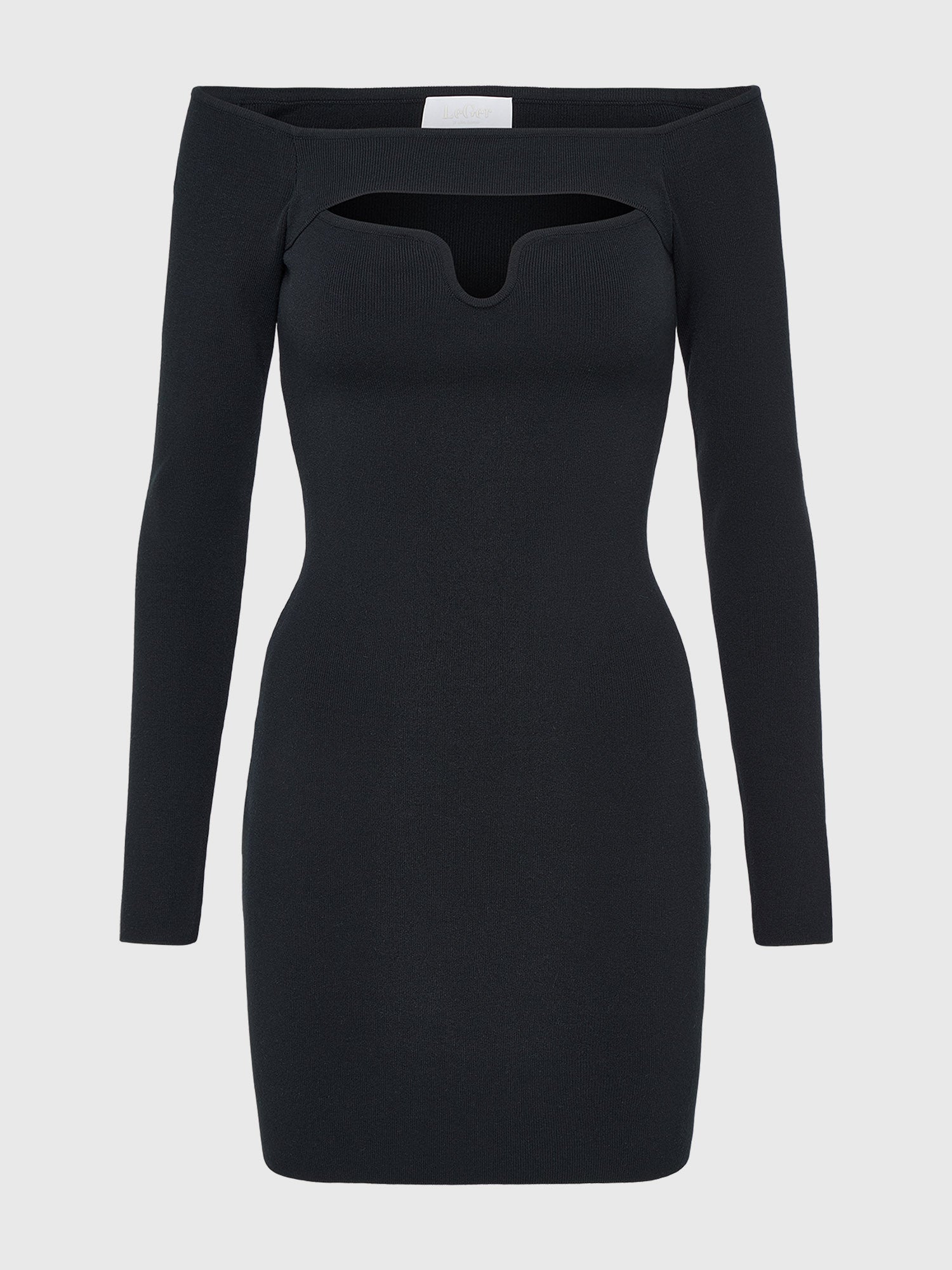 Das Evelin Dress von LeGer by Lena Gercke ist ein schwarzes, langärmeliges, schulterfreies Kurz/Mini-Bodycon-Kleid mit herzförmigem Ausschnitt und schmaler Passform, abgebildet auf einem schlichten weißen Hintergrund.