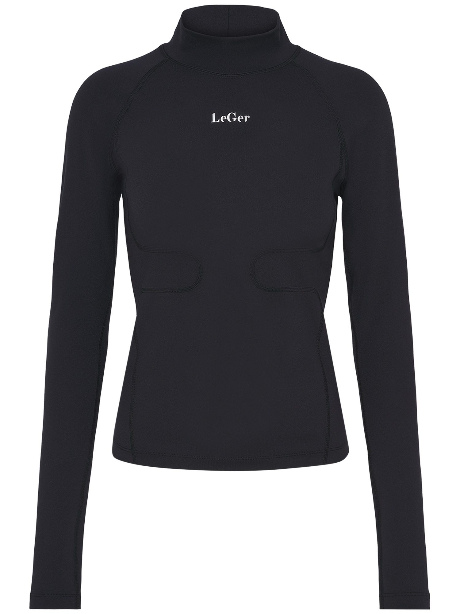 Das Thalke Longsleeve von LeGer by Lena Gercke ist ein schwarzes, tailliert geschnittenes Oberteil mit Mock Neck und weißem "Le Ger" auf der Brust. Es zeichnet sich durch dezente Nahtdetails auf der Vorderseite, einen glatten, leicht dehnbaren Stoff, lange Ärmel und eine normale Passform aus.