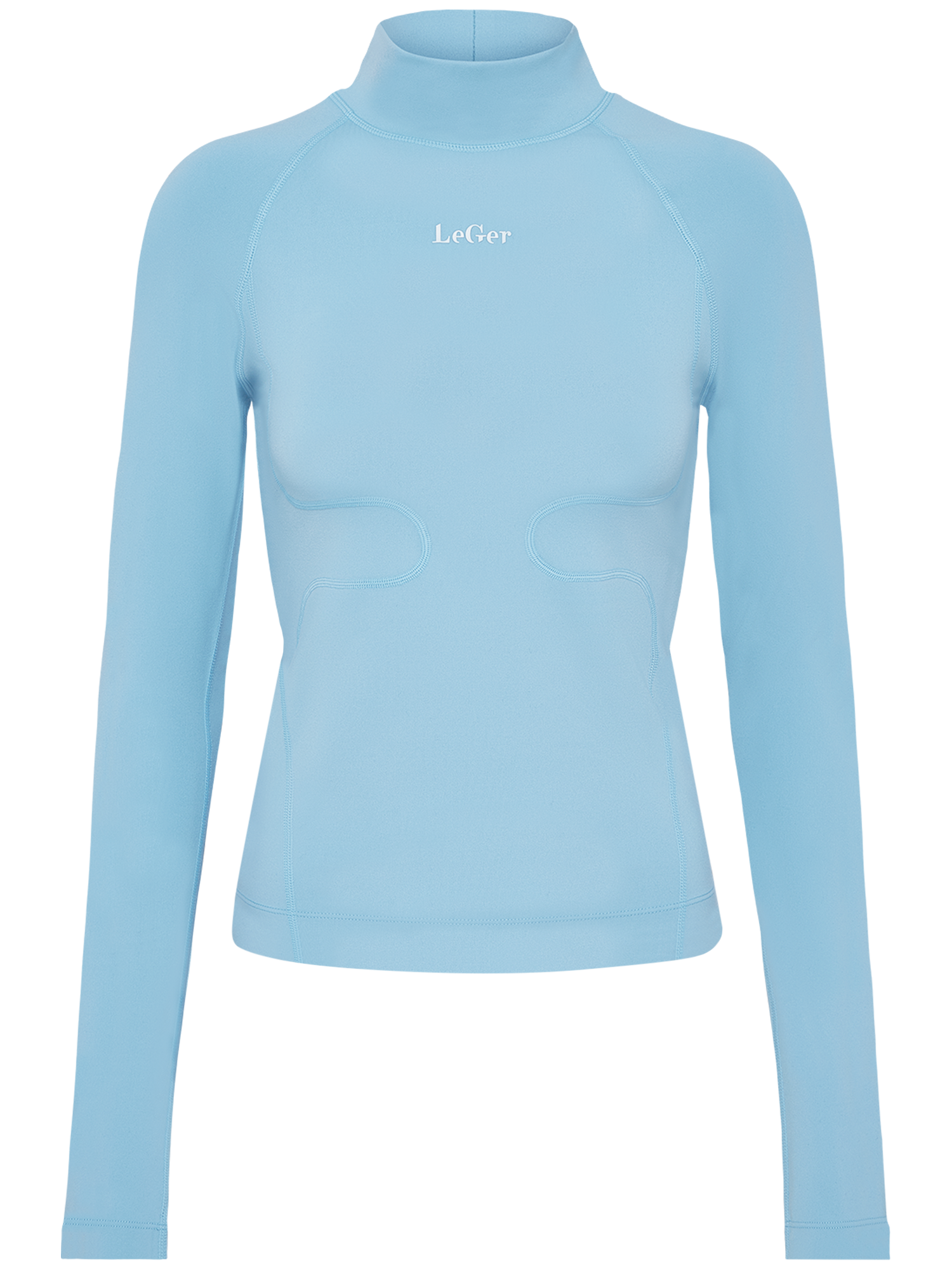 Das Thalke Longsleeve von LeGer by Lena Gercke ist ein hellblaues, langärmeliges, schmal geschnittenes Oberteil in normaler Länge mit Rundhalsausschnitt, weißem "LeGer"-Print auf der Brust und dezenten Nahtdetails auf der Vorderseite.