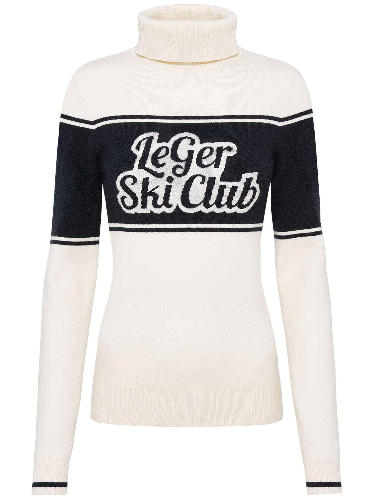 Der Elna Jumper von LeGer by Lena Gercke ist ein cremefarbener Langarm-Rollkragenpullover in Größe 36 mit schwarzem Brustband und dem Schriftzug "Le Ger Ski Club" in fetten weißen Buchstaben und klassisch regulärer Länge.