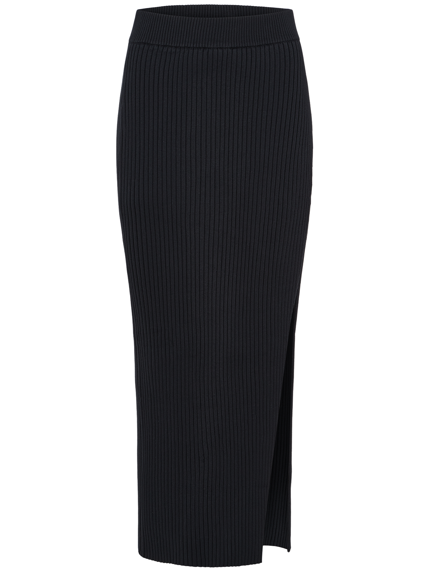 Der Rock „Charlotte“ von LeGer by Lena Gercke ist ein schmal geschnittener, schwarzer Midi-Rock aus geripptem Strick mit hoher Taille und einem Schlitz auf der rechten Seite – perfekt für vielseitige Kombinationsmöglichkeiten.