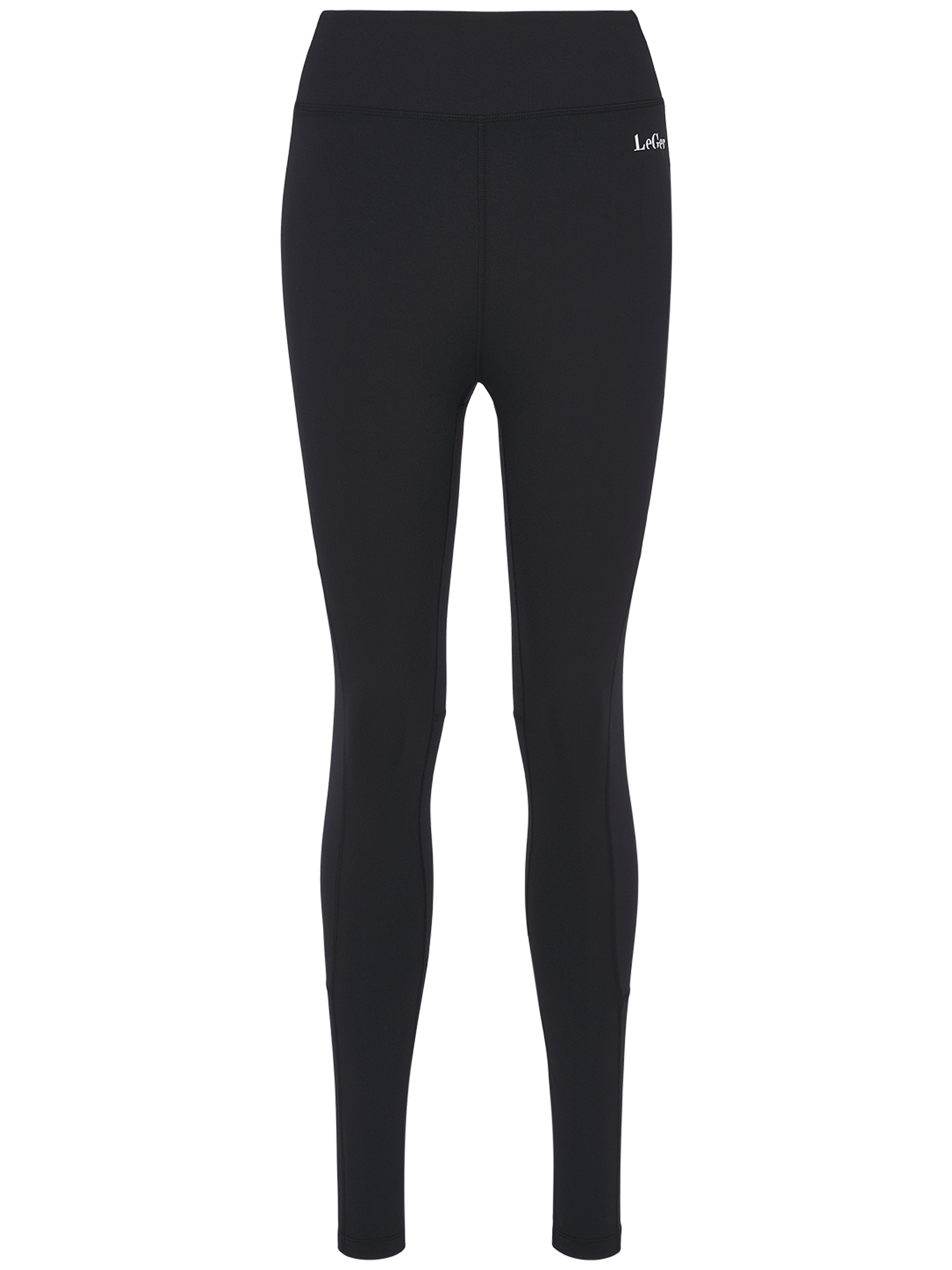 Die Thalke Pants Tall von LeGer by Lena Gercke ist eine schlichte schwarze Leggings in Größe 38 mit hohem Bund und einem kleinen weißen Logo auf der linken Hüfte auf weißem Grund.