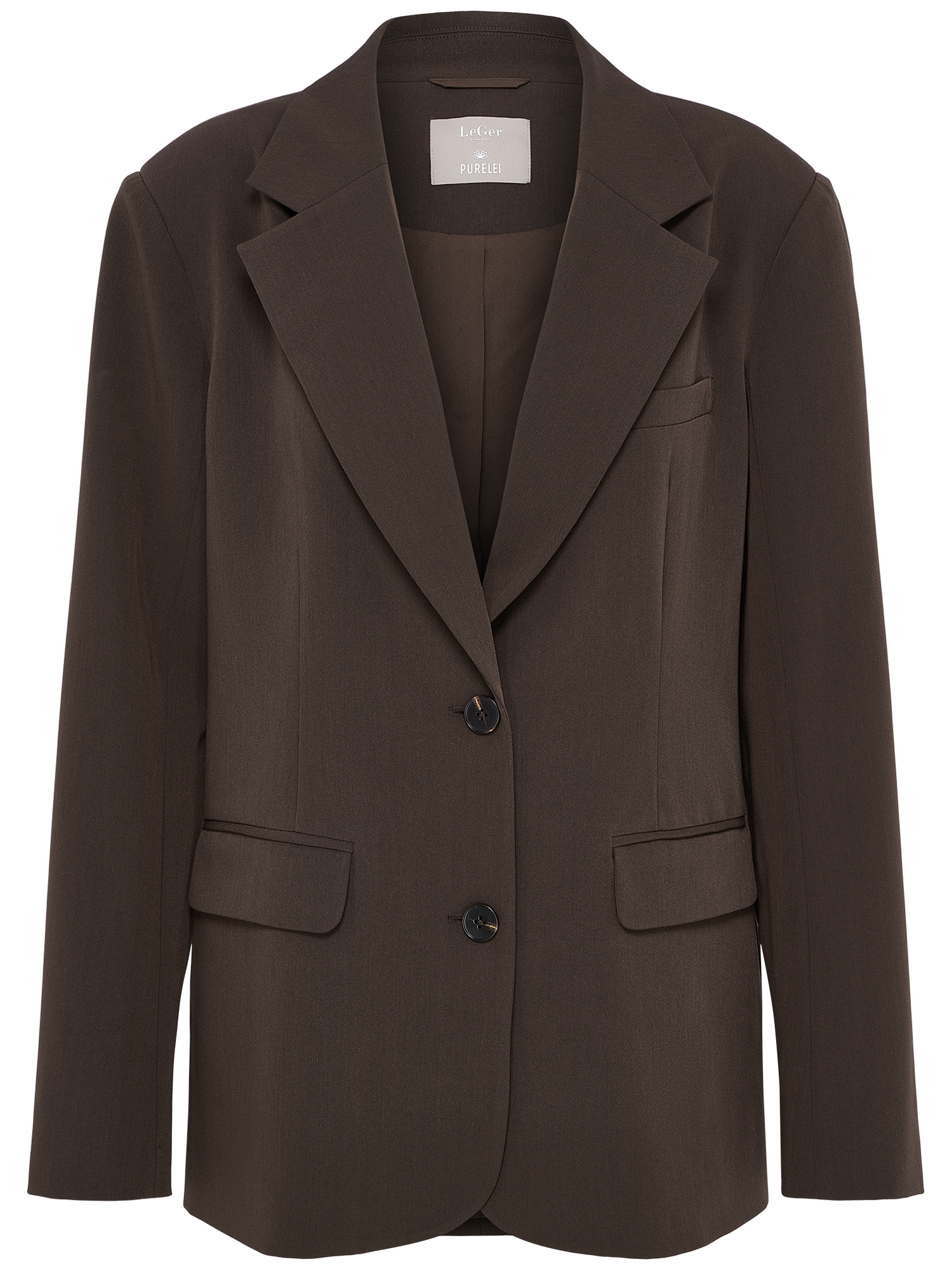 Der LeGer x Purelei - Athina Blazer von LeGer by Lena Gercke ist ein dunkelbrauner, einreihiger Blazer in Größe 36 mit gekerbtem Revers, zwei Knöpfen, Pattentaschen und Brusttaschen sowie langen Ärmeln, abgebildet auf einem schlichten weißen Hintergrund.