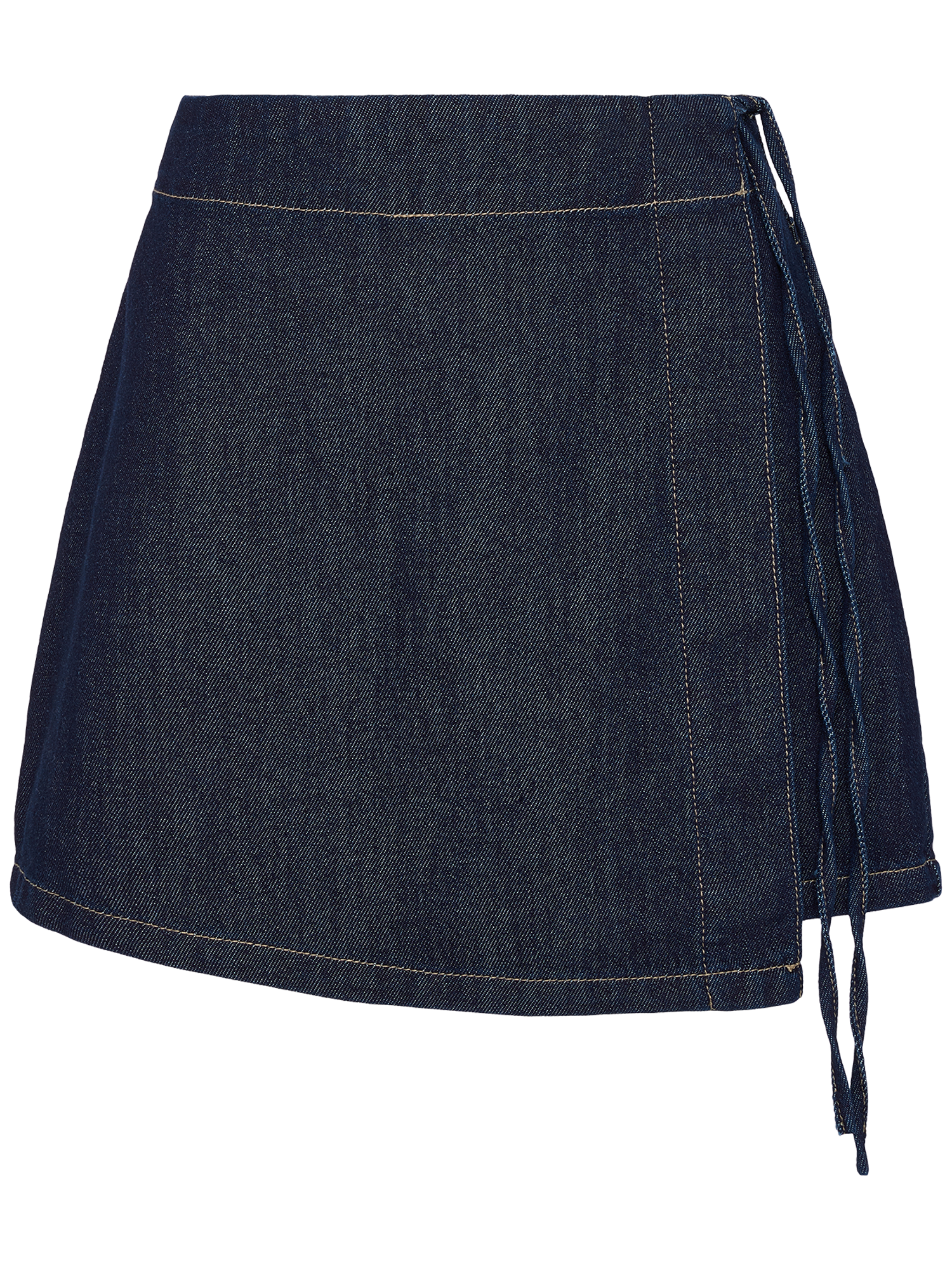 Der Rock „Swantje“ von LeGer by Lena Gercke ist ein dunkelblauer Denim-Minirock für Damen mit hoher Taille, dezentem A-Linien-Schnitt und einem Bindeband auf der rechten Seite, der vor einem schlichten weißen Hintergrund präsentiert wird.