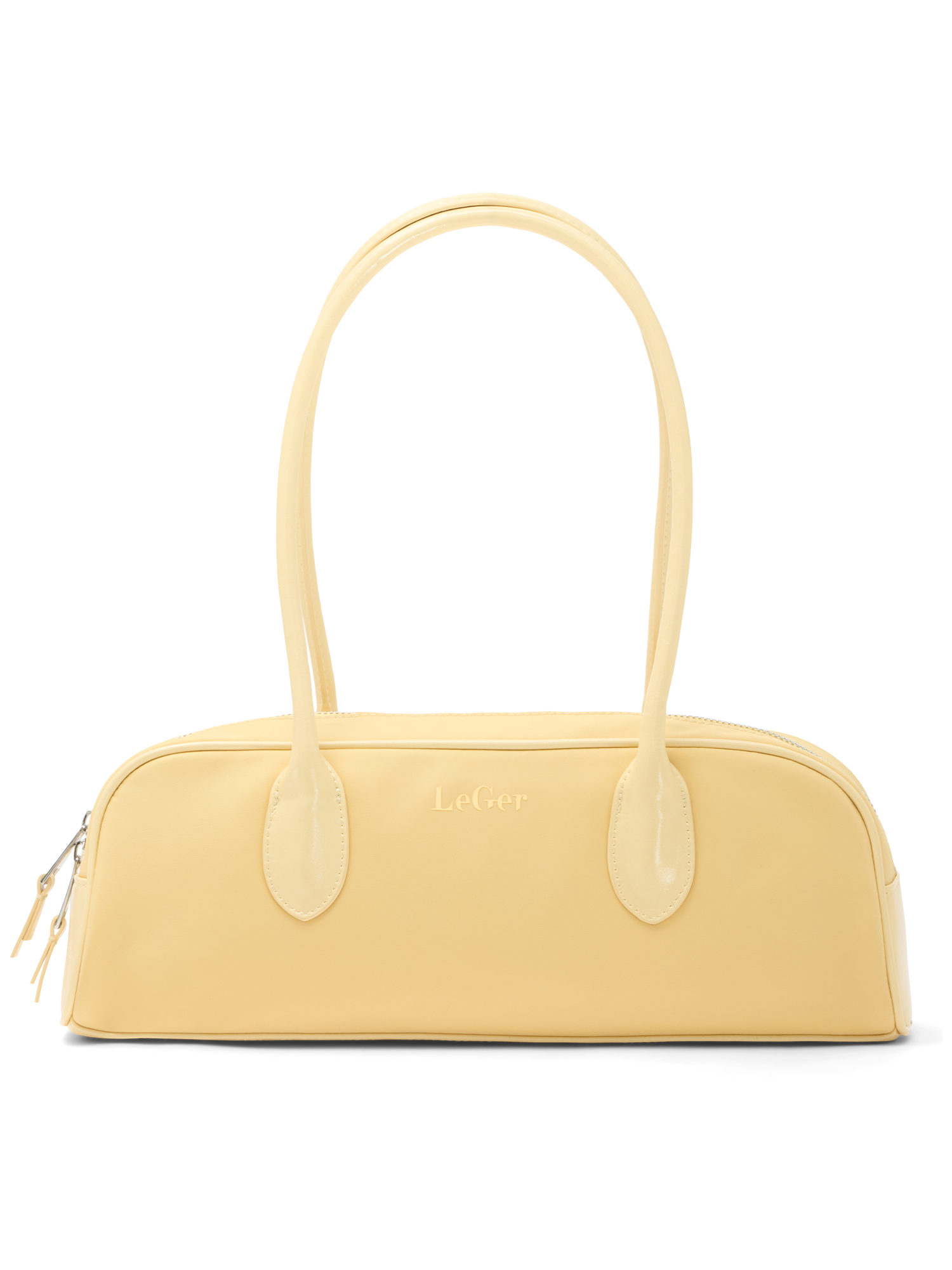 Die „Frauke Bag“ von LeGer by Lena Gercke ist eine hellgelbe, rechteckige Tasche mit zwei langen Henkeln, einem seitlichen Reißverschluss und dem geprägten LeGer-Logo. Ihr minimalistisches, elegantes Design eignet sich perfekt als Blickfang für Ihre Frühlingsoutfits.