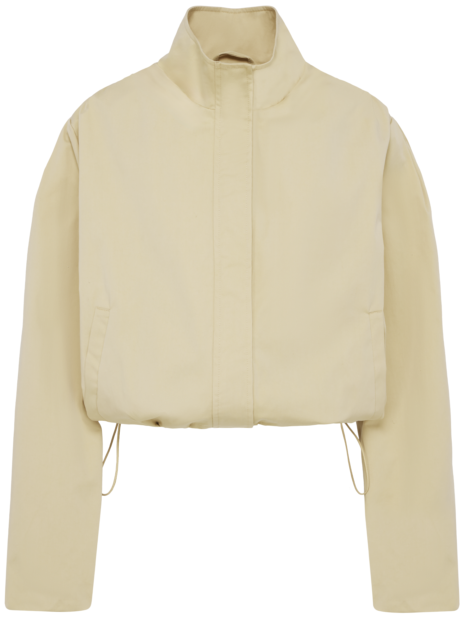 Die Romina Jacket von LeGer by Lena Gercke ist eine beige Kurzarmjacke mit lockerer Passform, hohem Kragen und verdecktem Frontverschluss, präsentiert vor weißem Hintergrund.