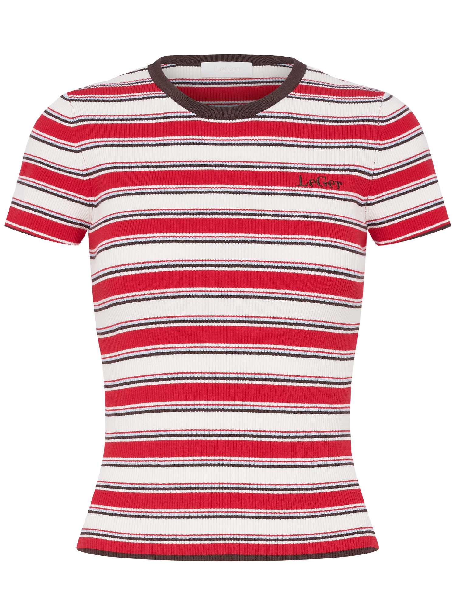 Das Danielle T-Shirt von LeGer by Lena Gercke ist ein kurzärmeliges, schmal geschnittenes Shirt in Größe 36 mit roten, weißen und pinken Streifen, braunem Ausschnitt und "Les Girls" Stickerei auf der linken Brust.