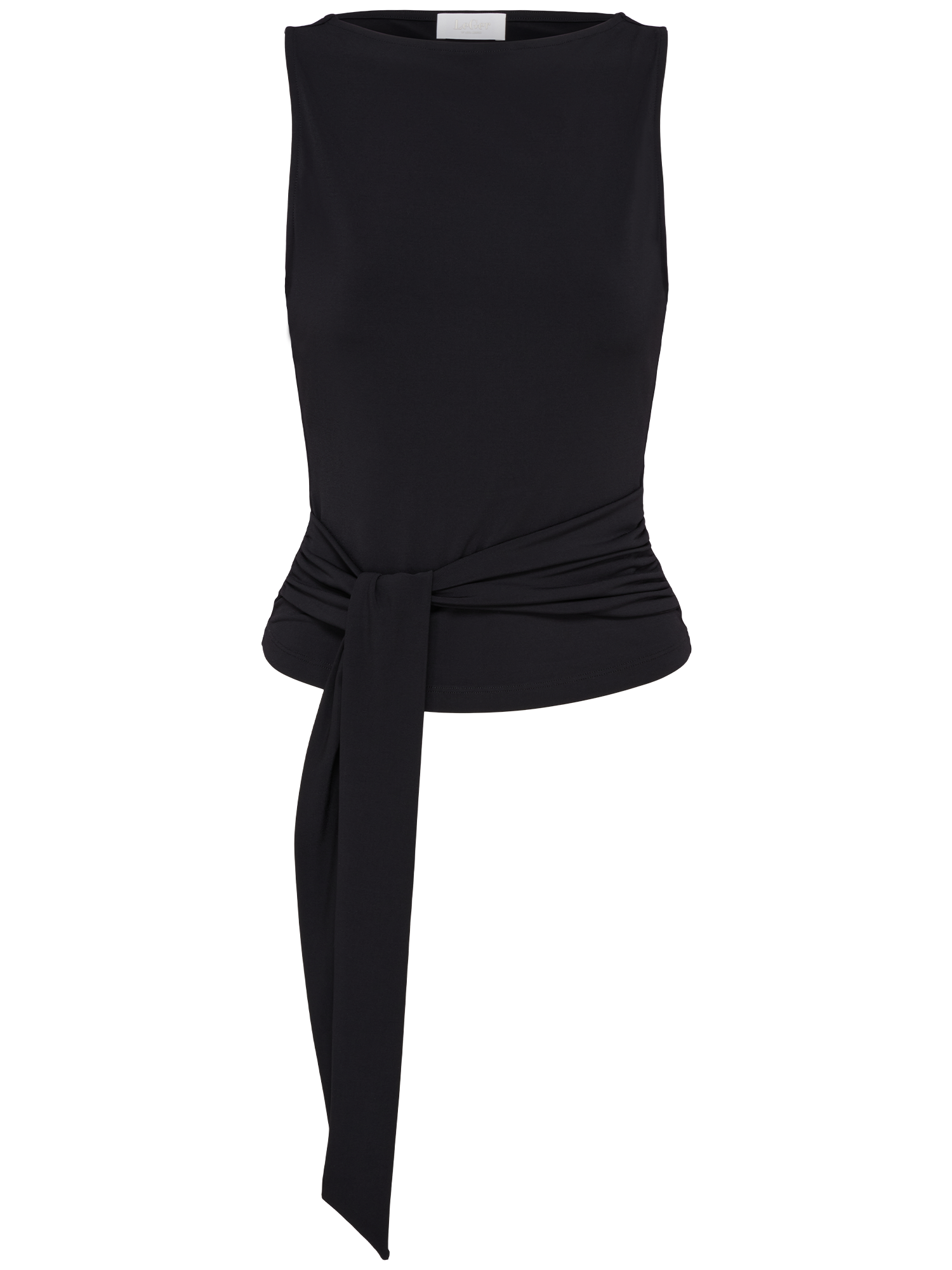 Das Elonie Top von LeGer by Lena Gercke ist ein schmal geschnittenes, ärmelloses schwarzes Top mit rundem Ausschnitt und breitem Bindeband an der Taille, präsentiert vor weißem Hintergrund.