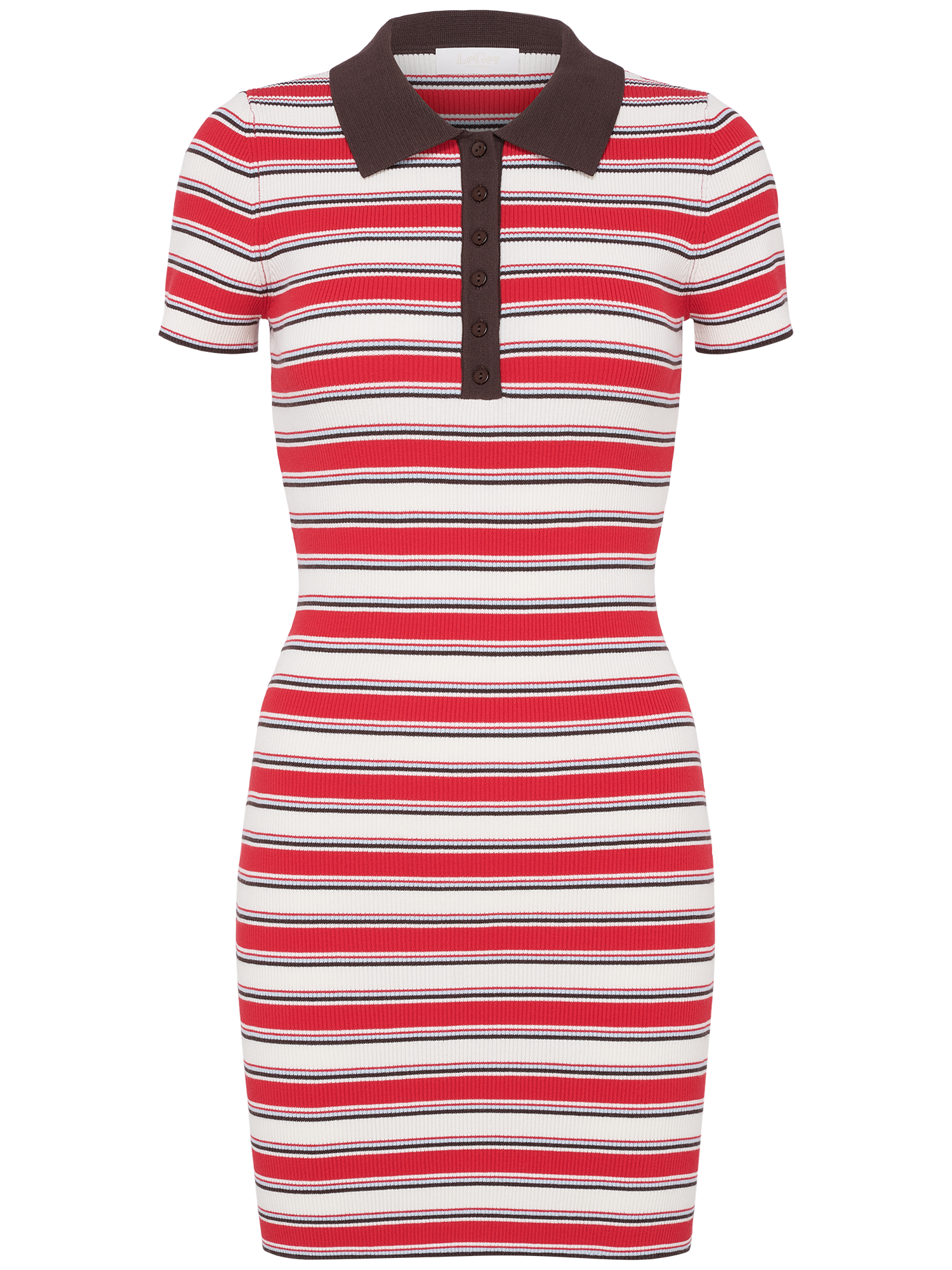 Das Elenia Dress von LeGer by Lena Gercke ist ein schmal geschnittenes, kurzärmeliges Rippstrickkleid mit roten, weißen und rosafarbenen Streifen, einem dunkelbraunen Kragen, einer geknöpften Knopfleiste und einer knielangen Mini-Silhouette für einen schmeichelhaften Look.