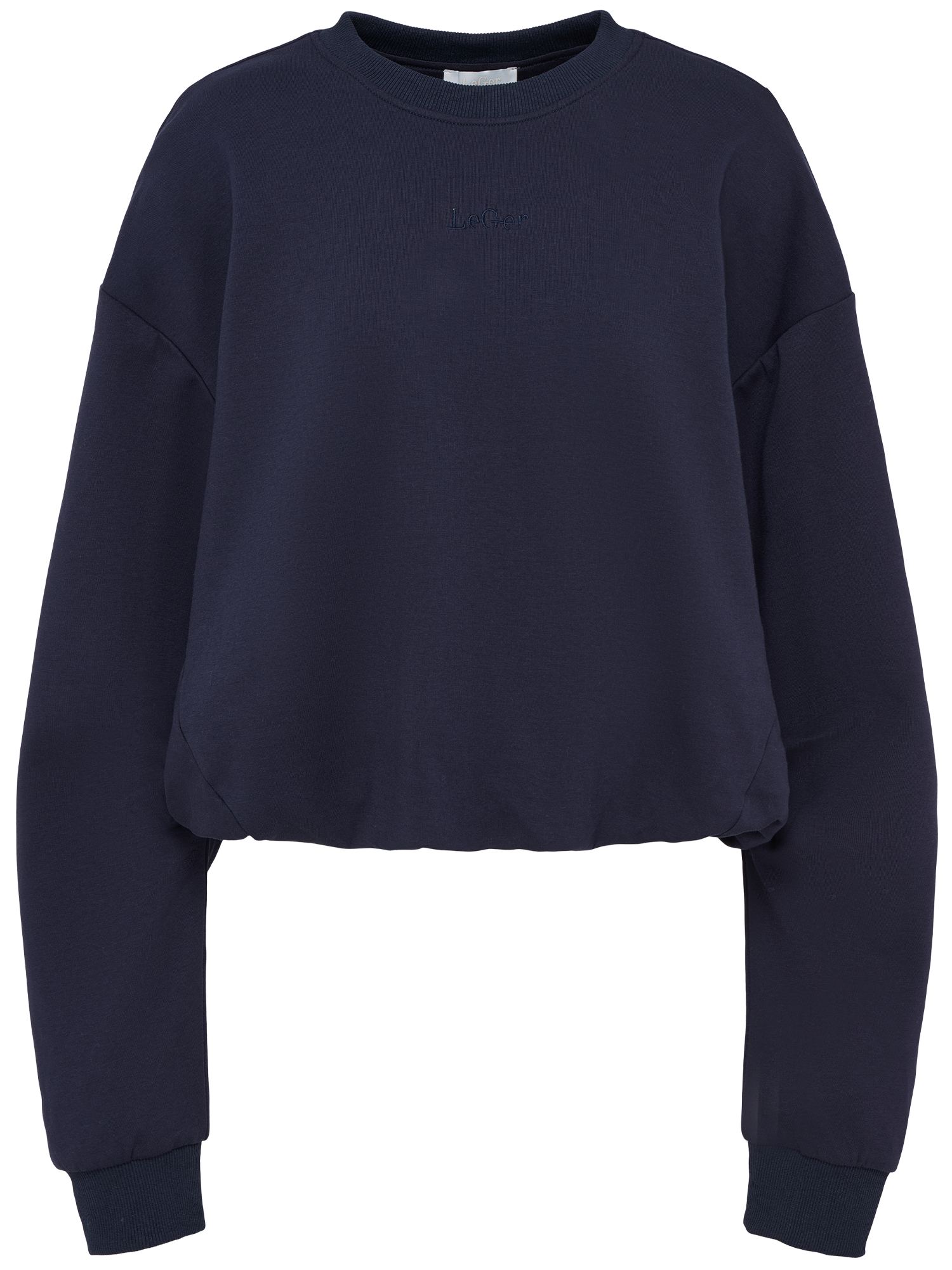 Der Jana Sweater von LeGer by Lena Gercke ist ein navyblaues, langärmeliges Sweatshirt mit Rundhalsausschnitt und überschnittenen Schultern mit dezenten Nähten und einer lockeren Passform, abgebildet auf einem schlichten weißen Hintergrund.