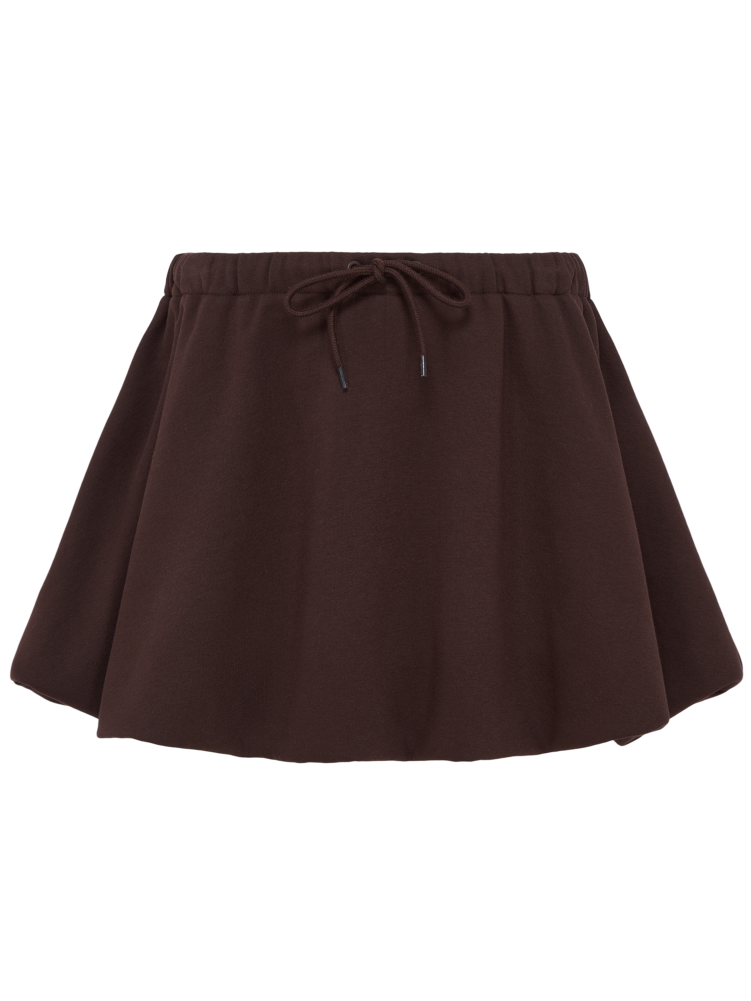 Der Dorina Rock von LeGer by Lena Gercke ist ein brauner, ausgestellter Minirock mit einem elastischen Bund in der Mitte der Taille und einem Kordelzug auf der Vorderseite, der auf einem weißen Hintergrund für einen entspannten Look sorgt.