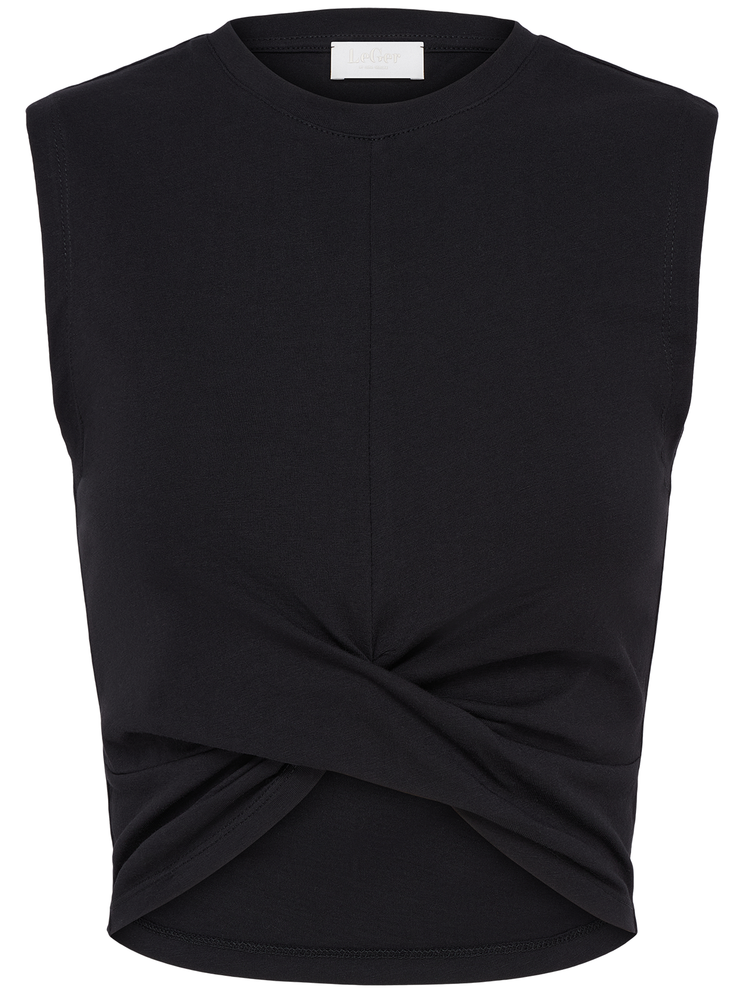 Ärmelloses schwarzes Crop-Top „Finja“ von LeGer by Lena Gercke mit normaler Passform, schmal geschnittenem Rundhalsausschnitt und einem verdrehten Knotendetail am vorderen Saum, präsentiert vor schlichtem weißem Hintergrund.