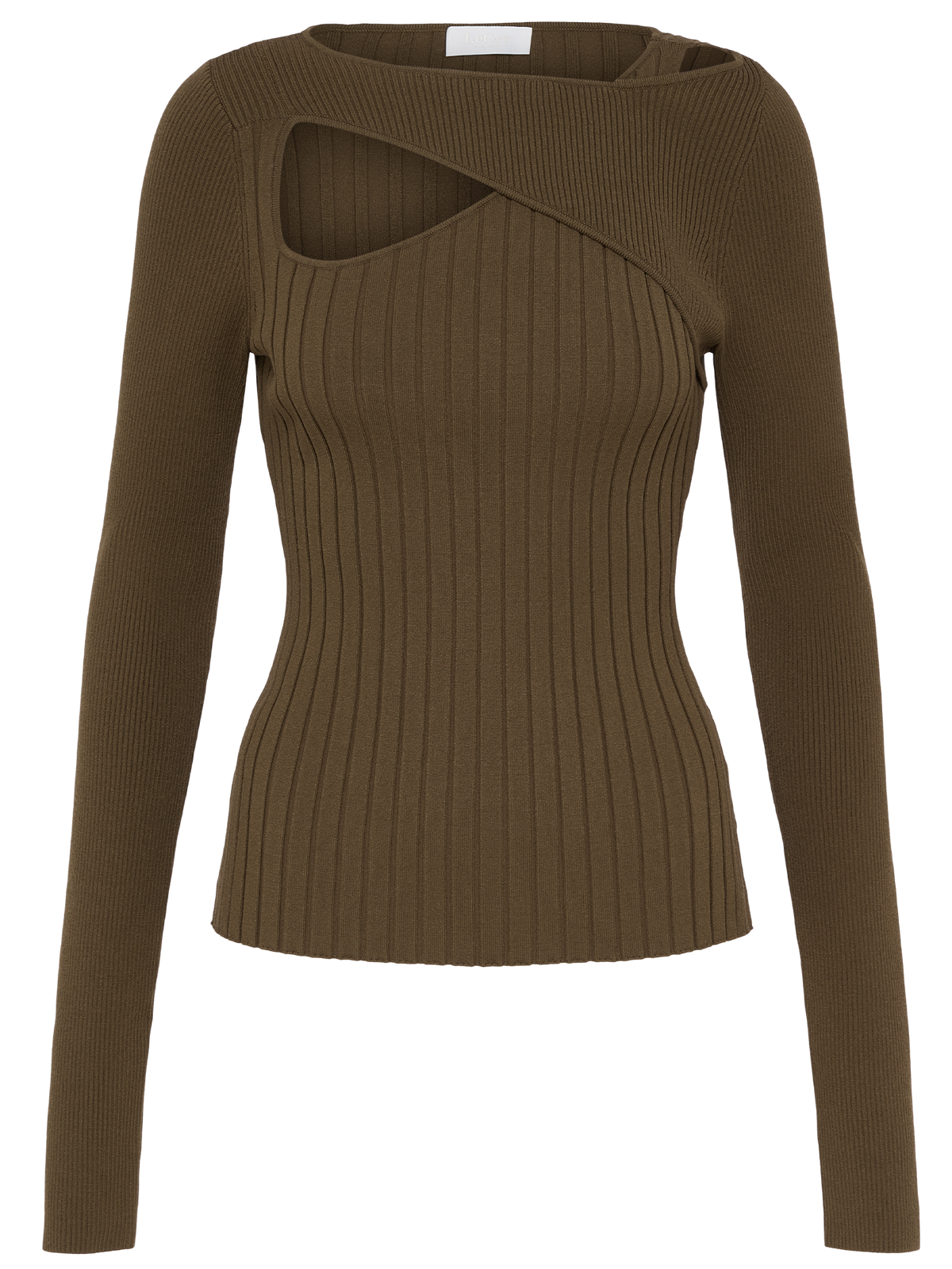 Der olivgrüne Rippstrickpullover „Selina“ von LeGer by Lena Gercke besticht durch lange Ärmel, einen asymmetrischen Ausschnitt sowie ein raffiniertes Cut-out-Detail an der linken Schulter und im Brustbereich.