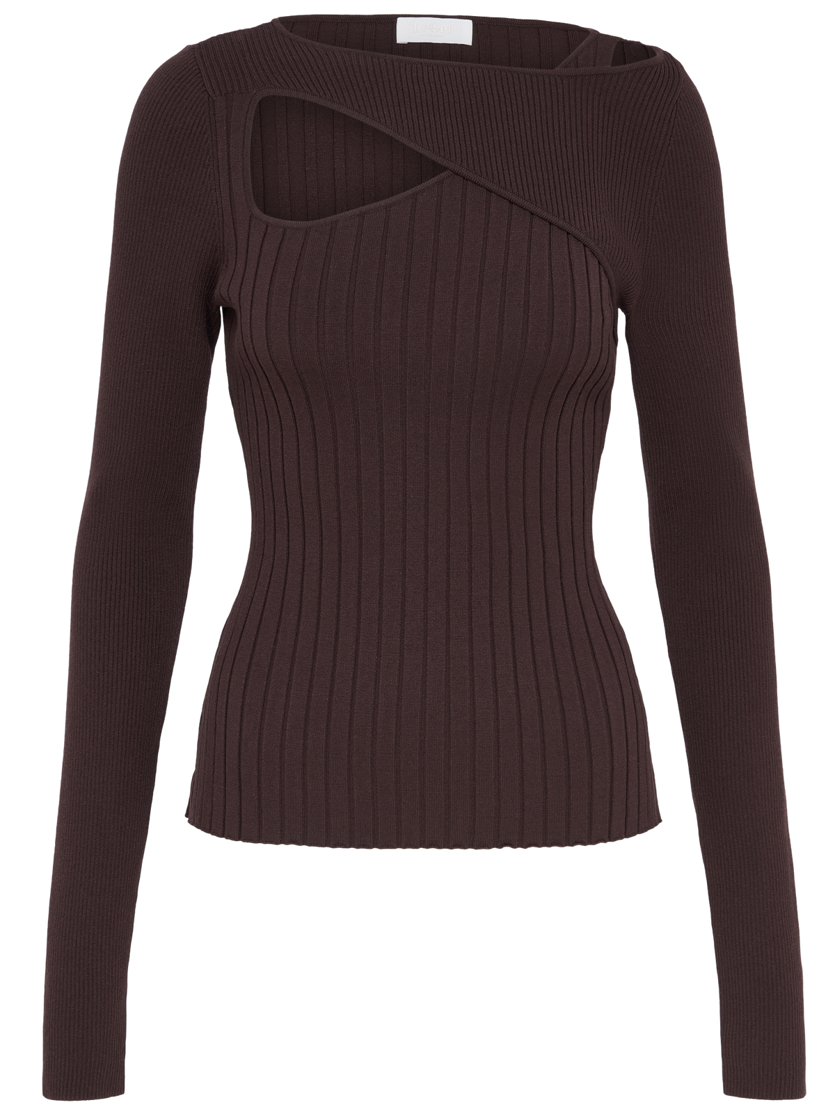 Der Pullover „Selina“ von LeGer by Lena Gercke ist ein langärmeliges, geripptes, dunkelbraunes Strickoberteil mit asymmetrischem Ausschnitt und einem Ausschnittdetail an der linken Schulter.