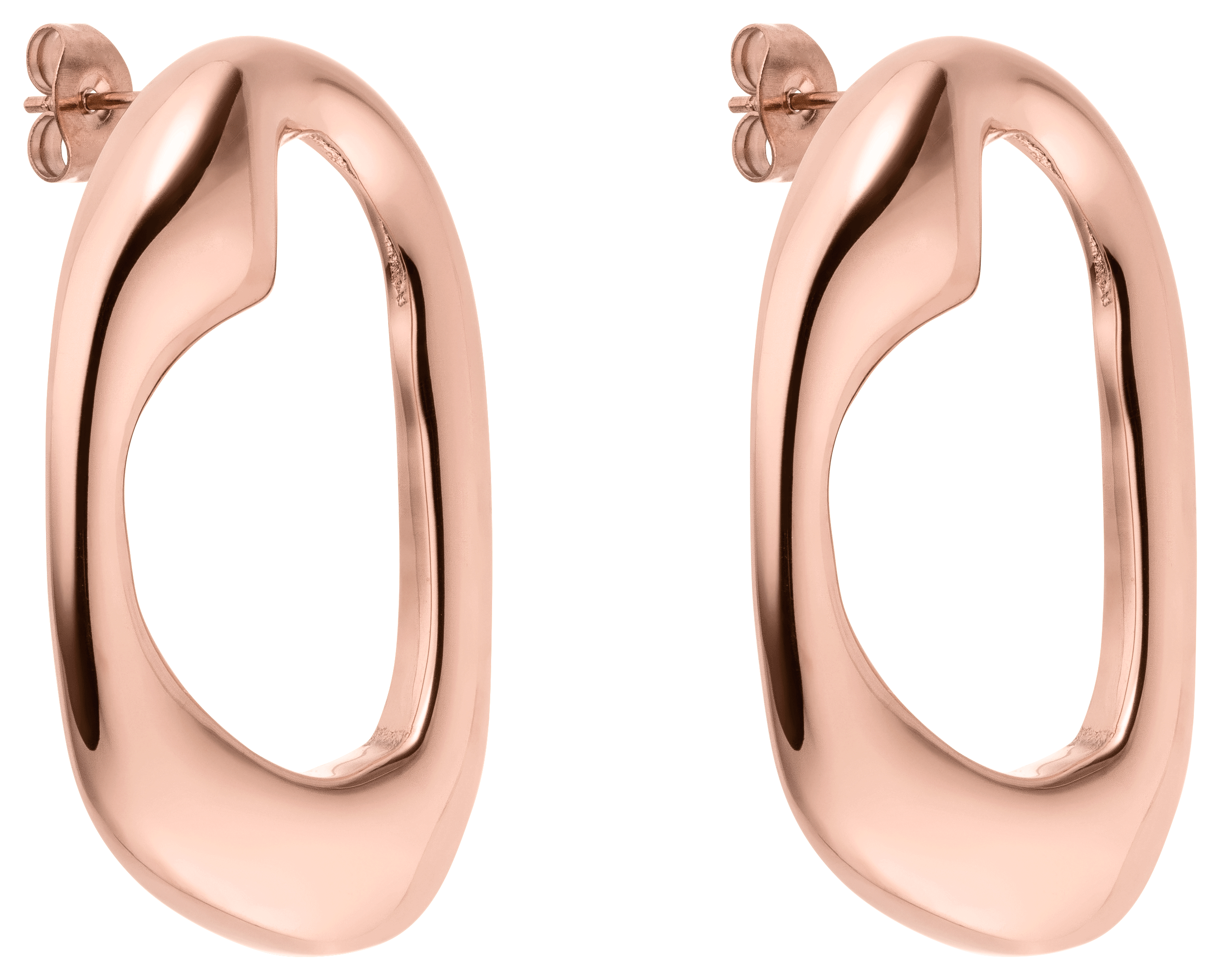 Ein Paar LeGer x Purelei - Inner Force Ohrringe von LeGer by Lena Gercke mit modernen, abstrakten Formen, glatten, gebogenen Oberflächen und offenen Zentren, die vor einem schlichten weißen Hintergrund präsentiert werden.