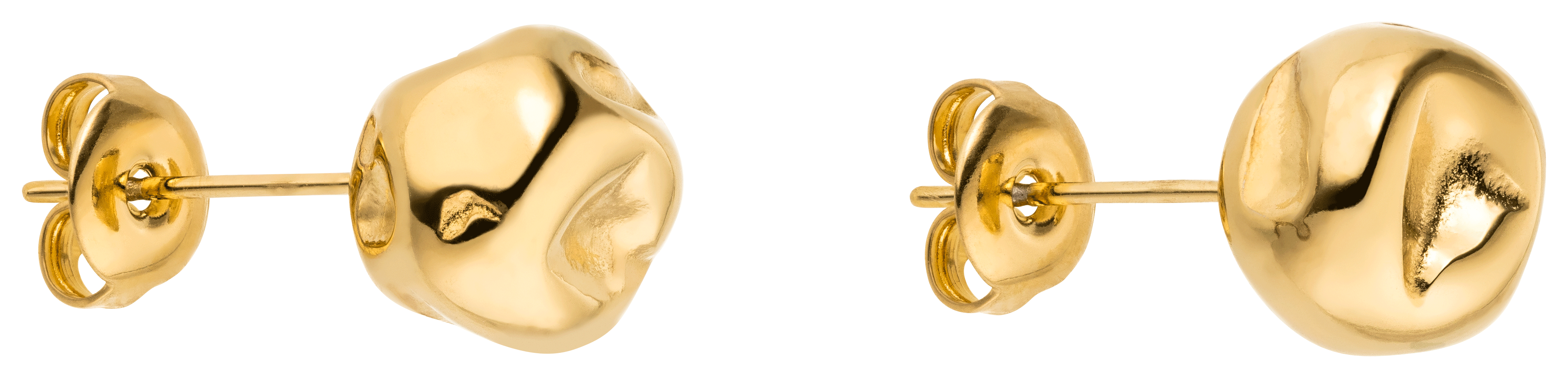 Ein Paar LeGer x Purelei - Unstoppable Ohrringe von LeGer by Lena Gercke mit einer unregelmäßigen, organischen, leicht zerknitterten goldenen Oberfläche, von der Seite auf weißem Hintergrund dargestellt.